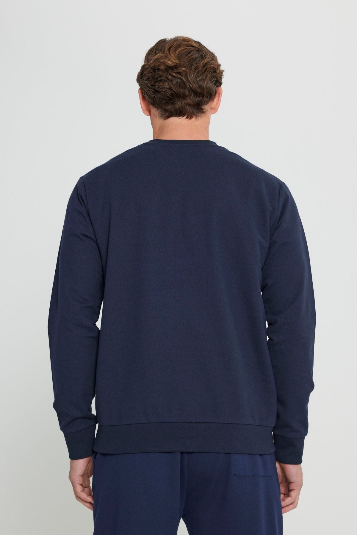 Men's Navy Blue Standard Fit Normal Cutting 2 Yarn Cotton Bike Collar Sweatshirt