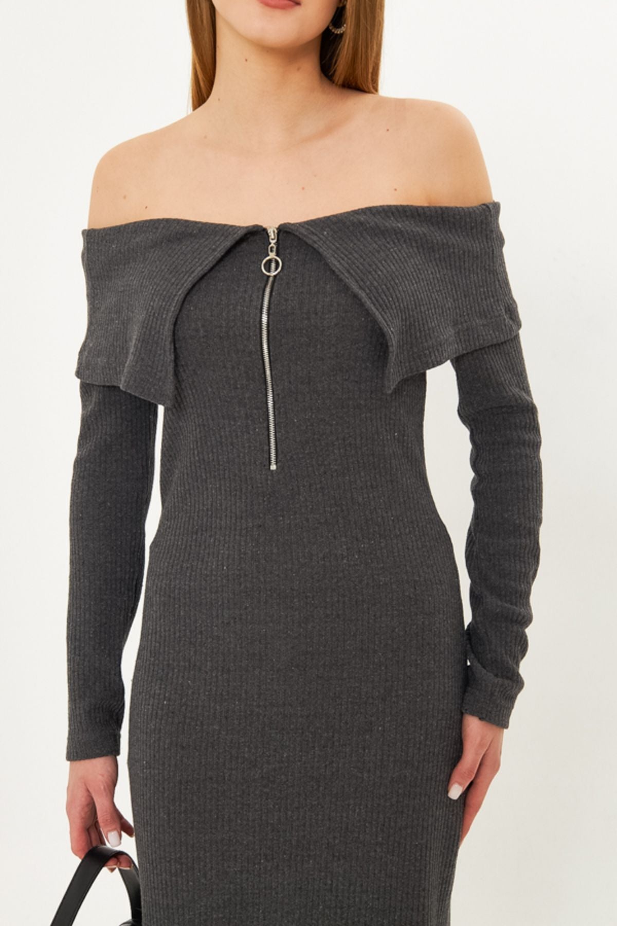 Female anthracite low shoulder front zipper slit midi height knitwear dress ARM-25K001089