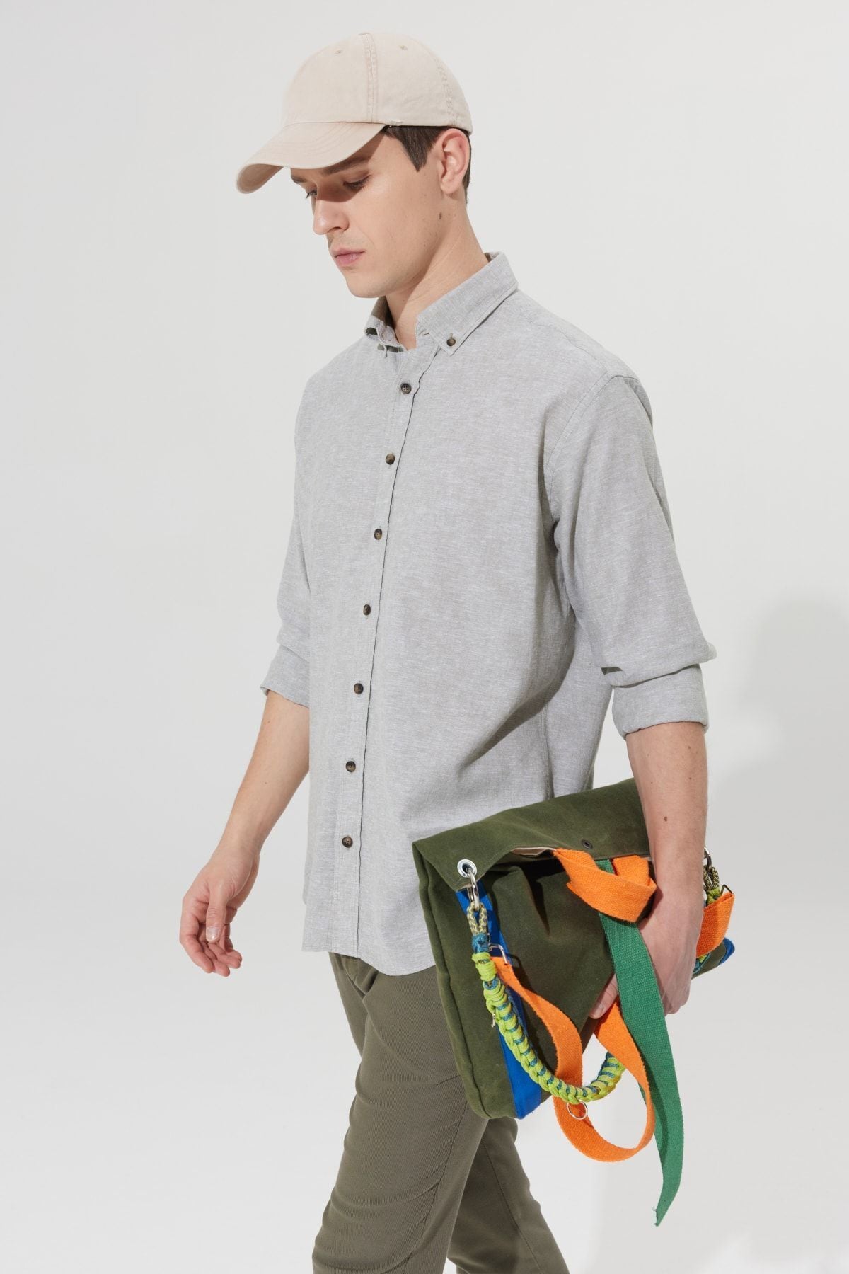 Men's Khaki Linen Comfort Fit Casual Cutting buttoned collar shirt