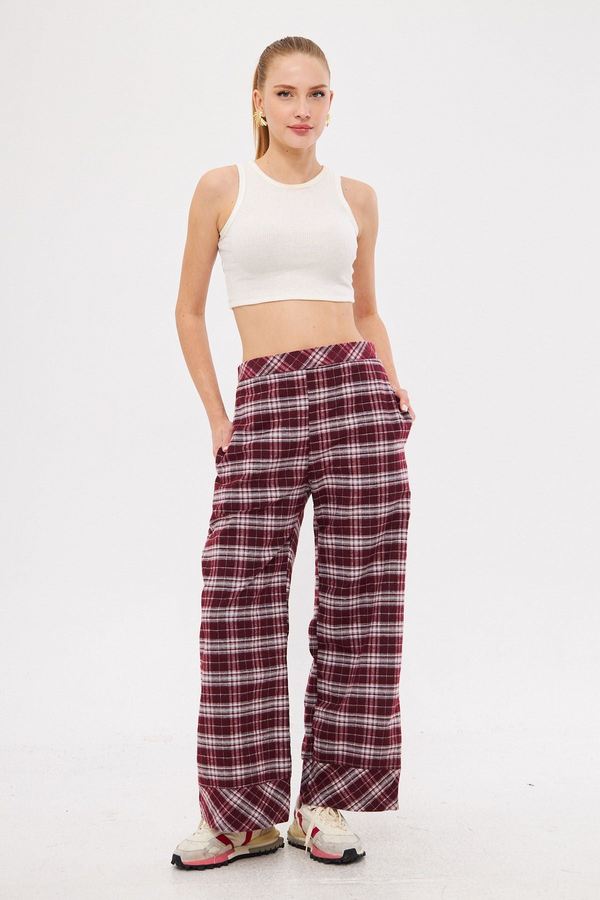 Women's White-Bordo Back Waist Rubber Paçası Palazzo Trousers with Pocket Pocket Arm-25k001018