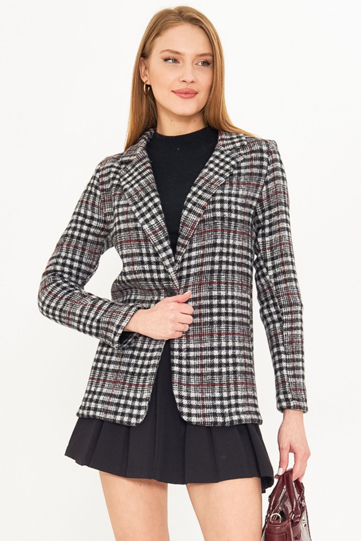 Female black plaid pattern single button stamp jacket ARM-25K001083