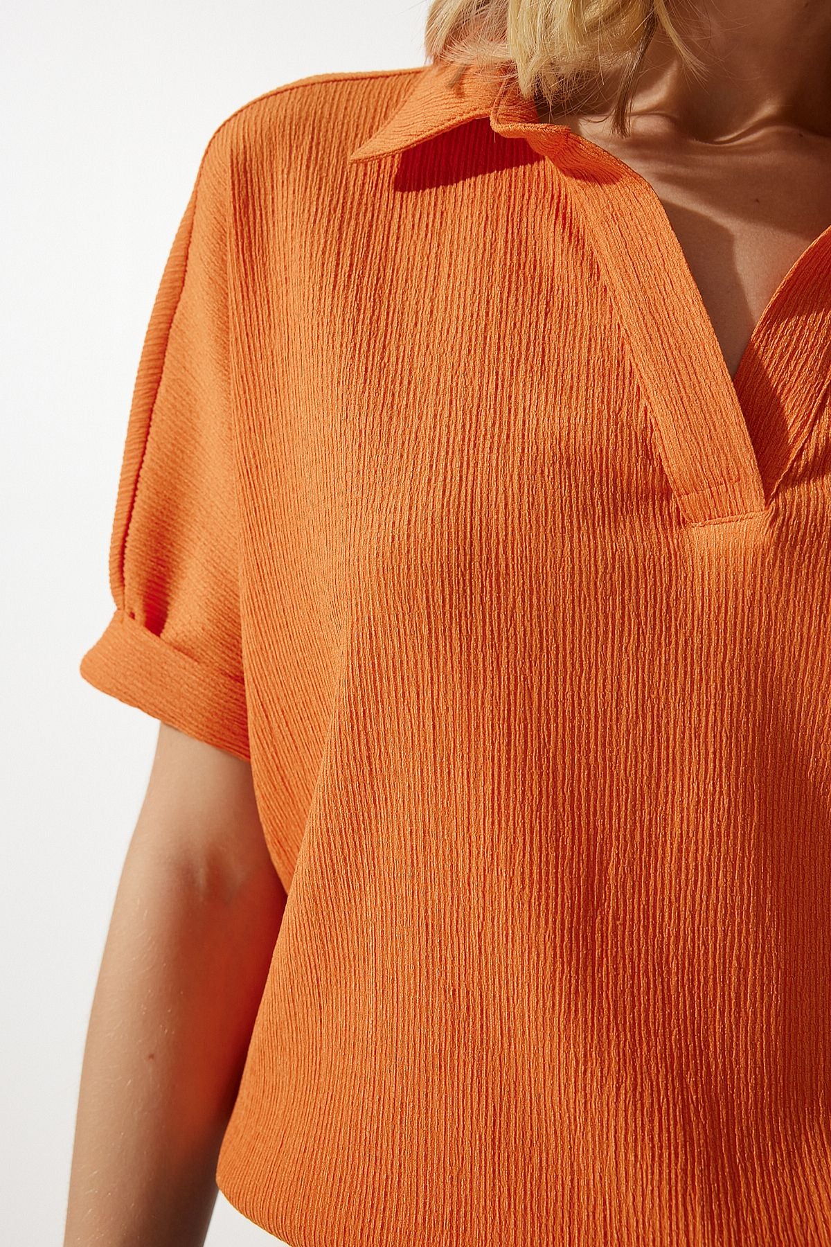 Female Orange Polo Yaka Knitting Krinkıl Blouse DD01299