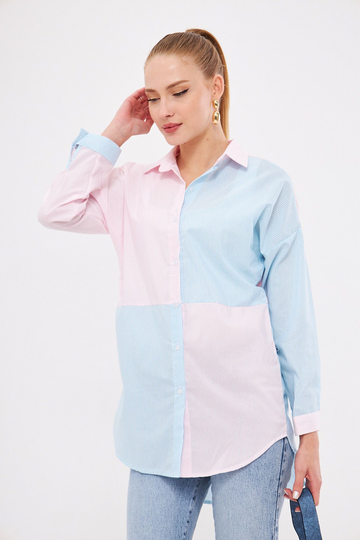 Woman Baby Blue Blue Striped Two Color Long Sleeve Shabby Shirt ARM-21K001193