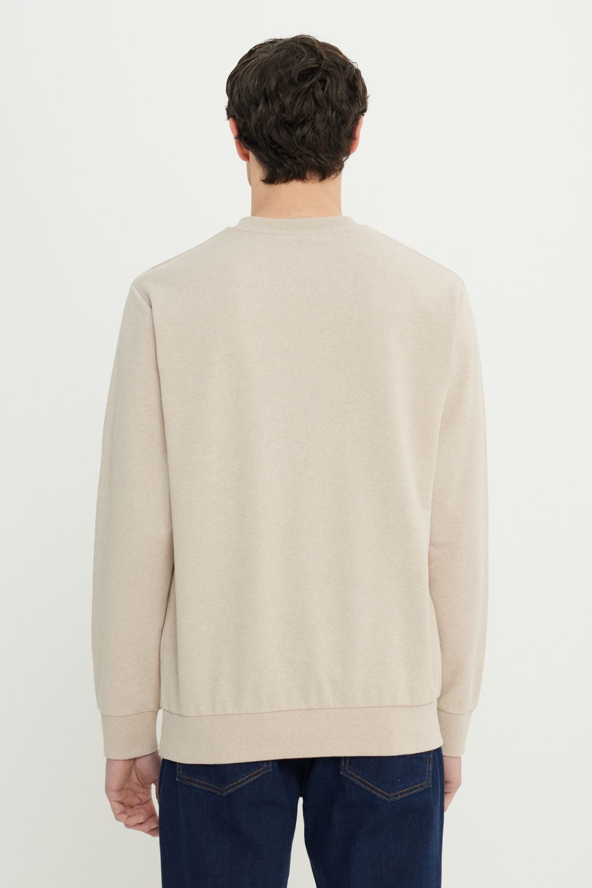 Men's Beige Standard Fit Normal Cutting 2 Yarn Recycle Cotton Bicycle Collar Sweatshirt