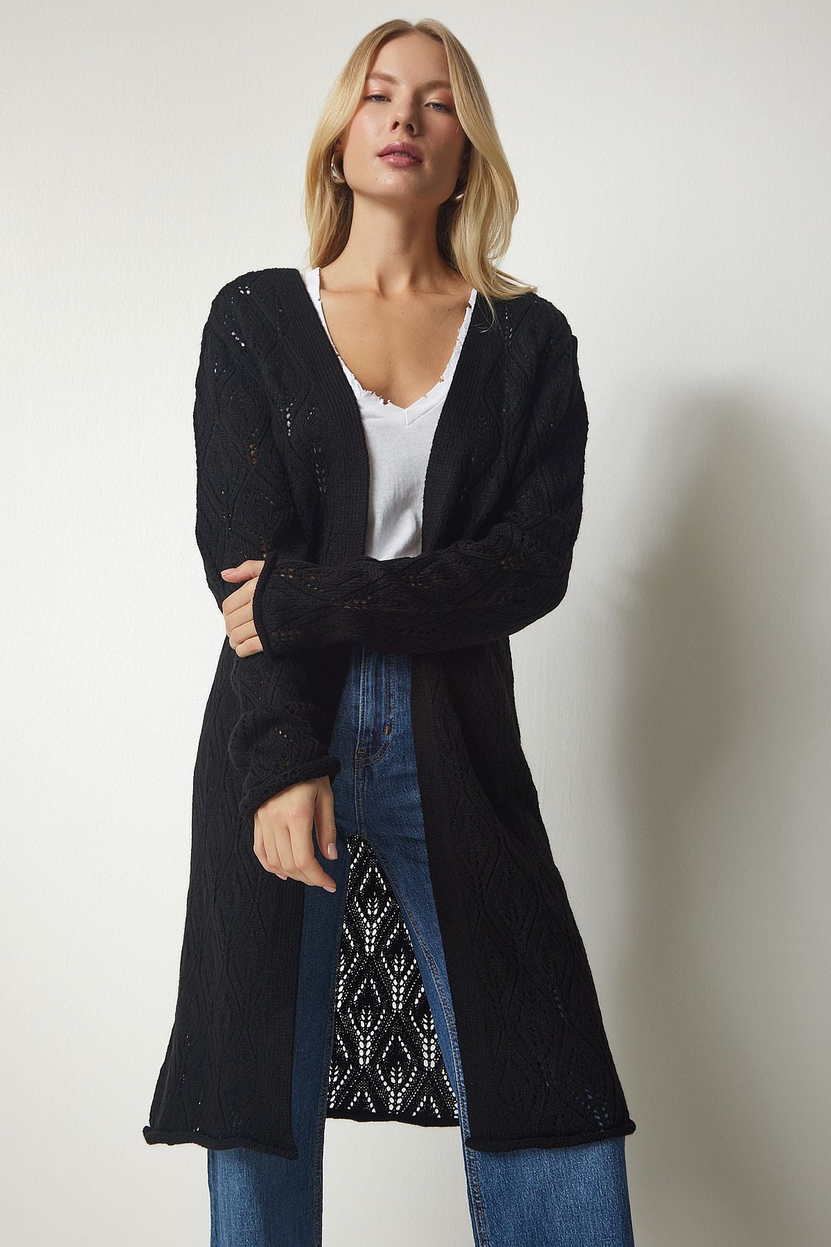 WOMEN BLACK HAPPY LONG KNITTY CARDIAN MX00136