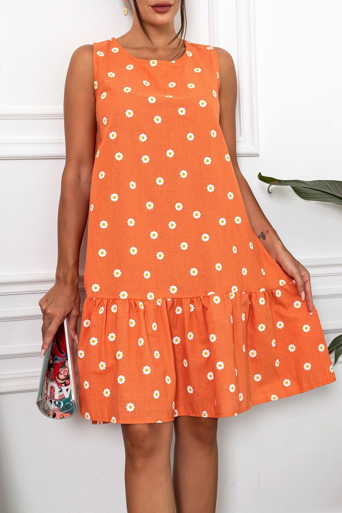 Women's Orange Daisy Pattern Sleeveless skirt frilled dress ARM-22Y001123