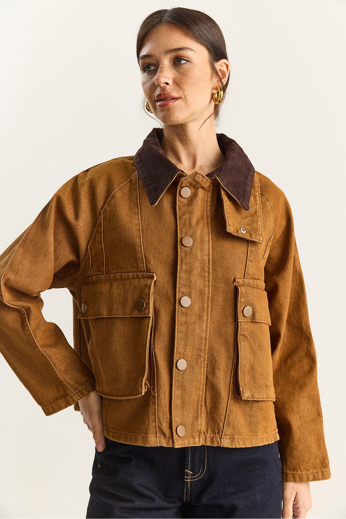 Women's Contrast Velvet Collar Detailed Large Pocket Gabardine Oversize Denim Jacket 6051 60283862