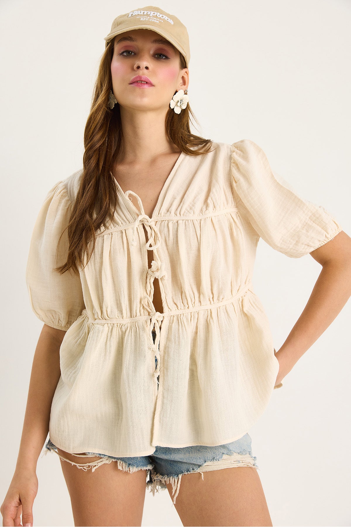 Women's Tie Detailed Short Sleeve Muslin Blouse 1024 60283459