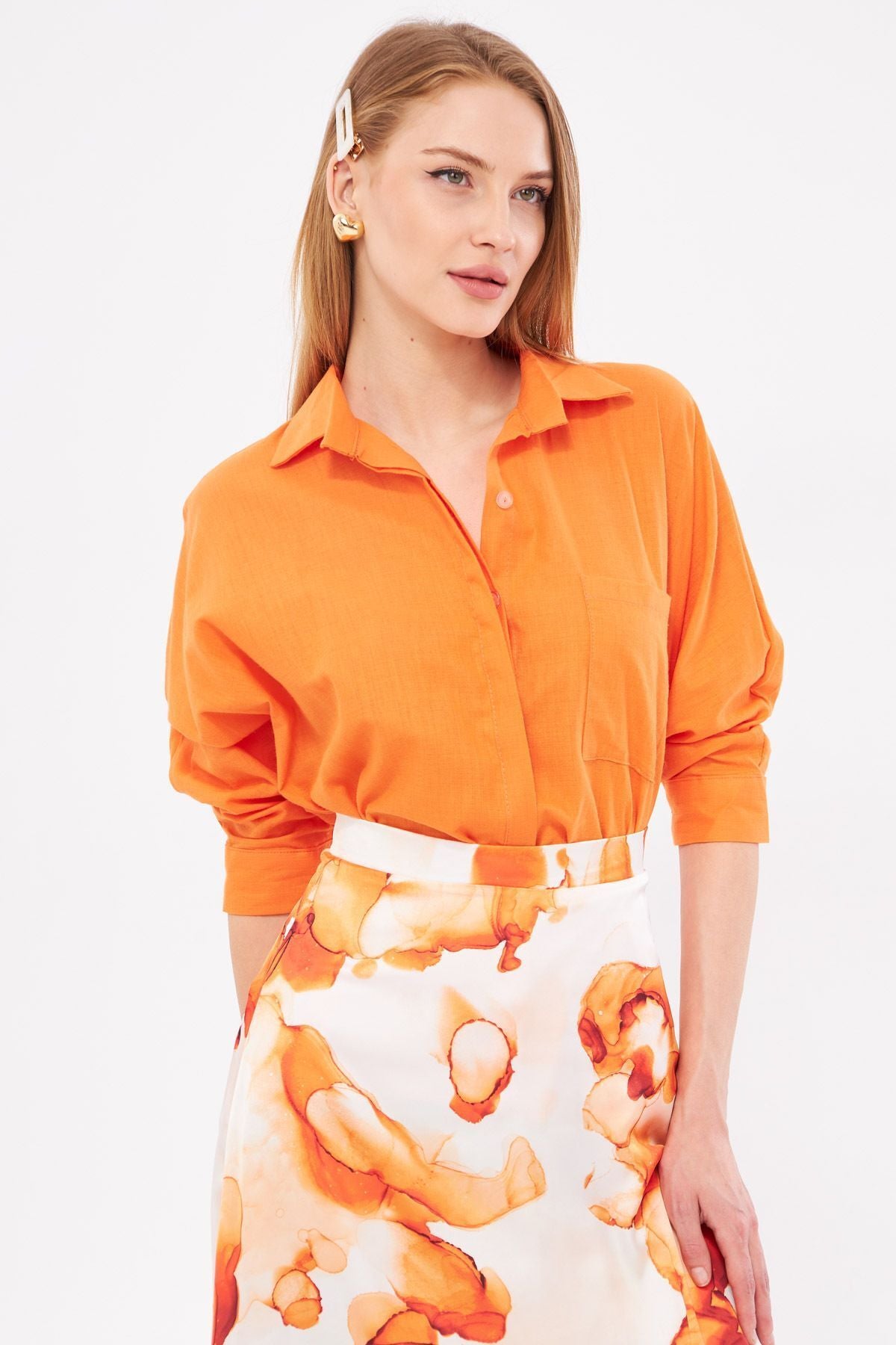 Women's Orange Pockets Salaş Linen Shirt ARM-21Y001035