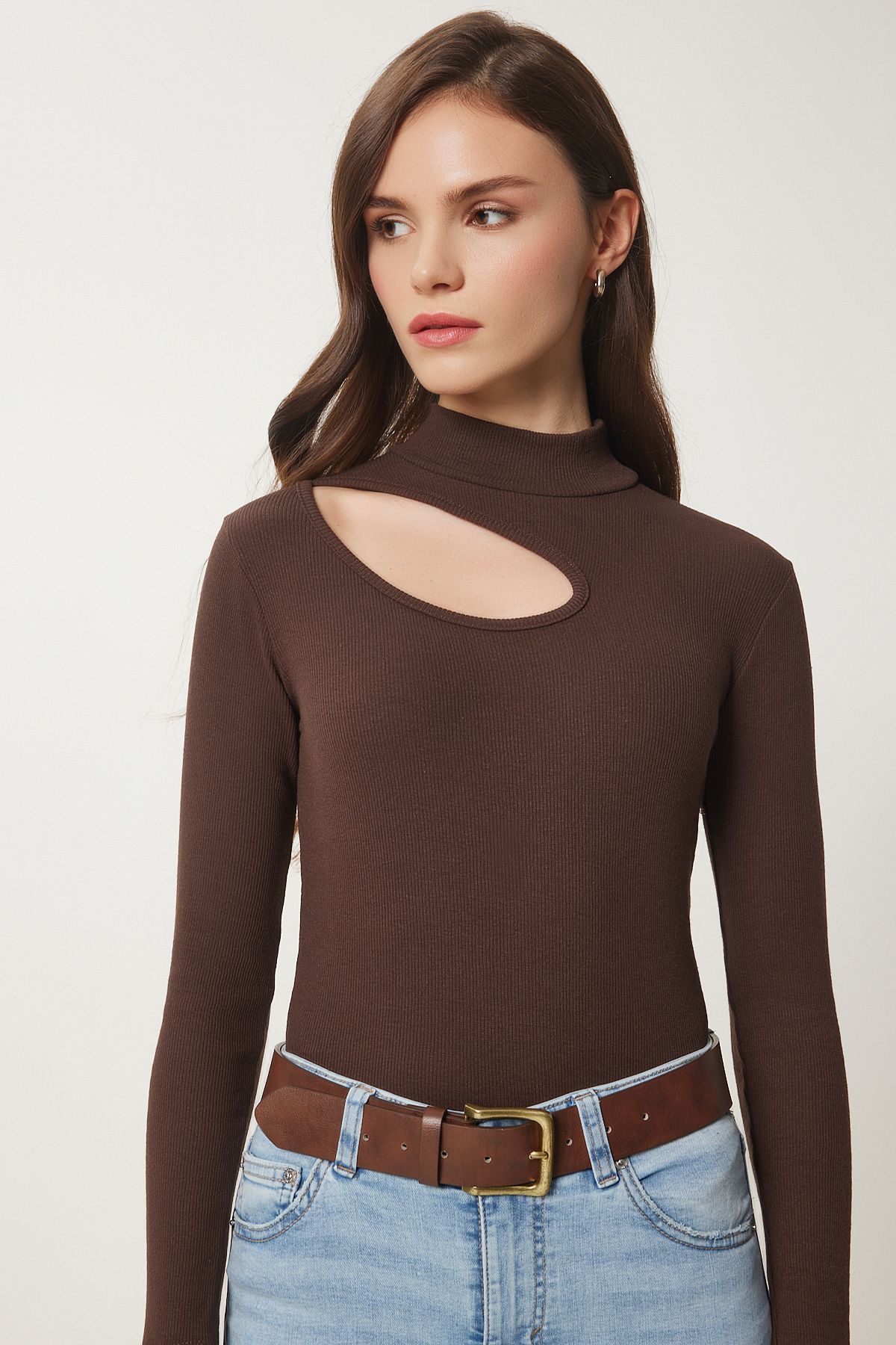 Female Brown Cut Out Detailed Wick Knitting Blouse GT00065