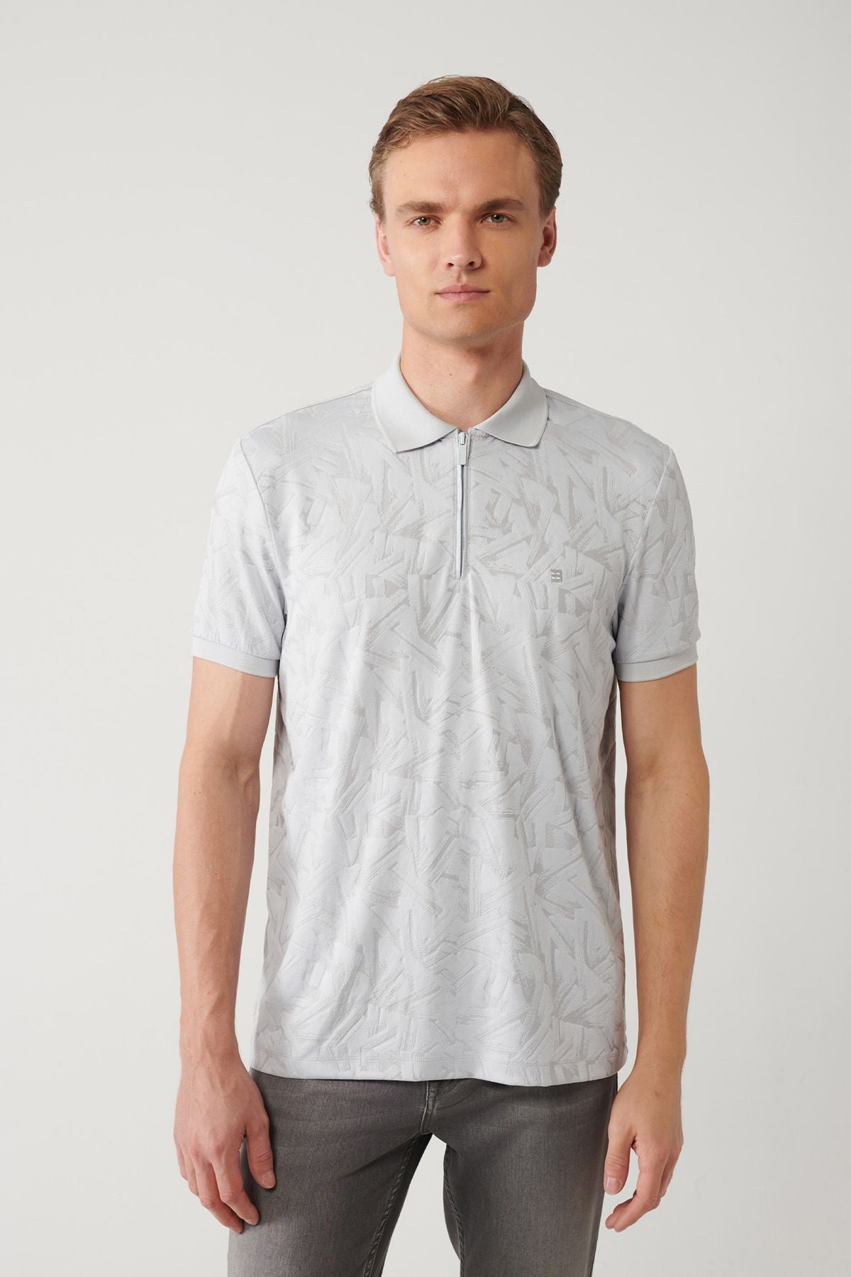 Men's gray zipper jacquard Polo collar T-shirt A41y1118