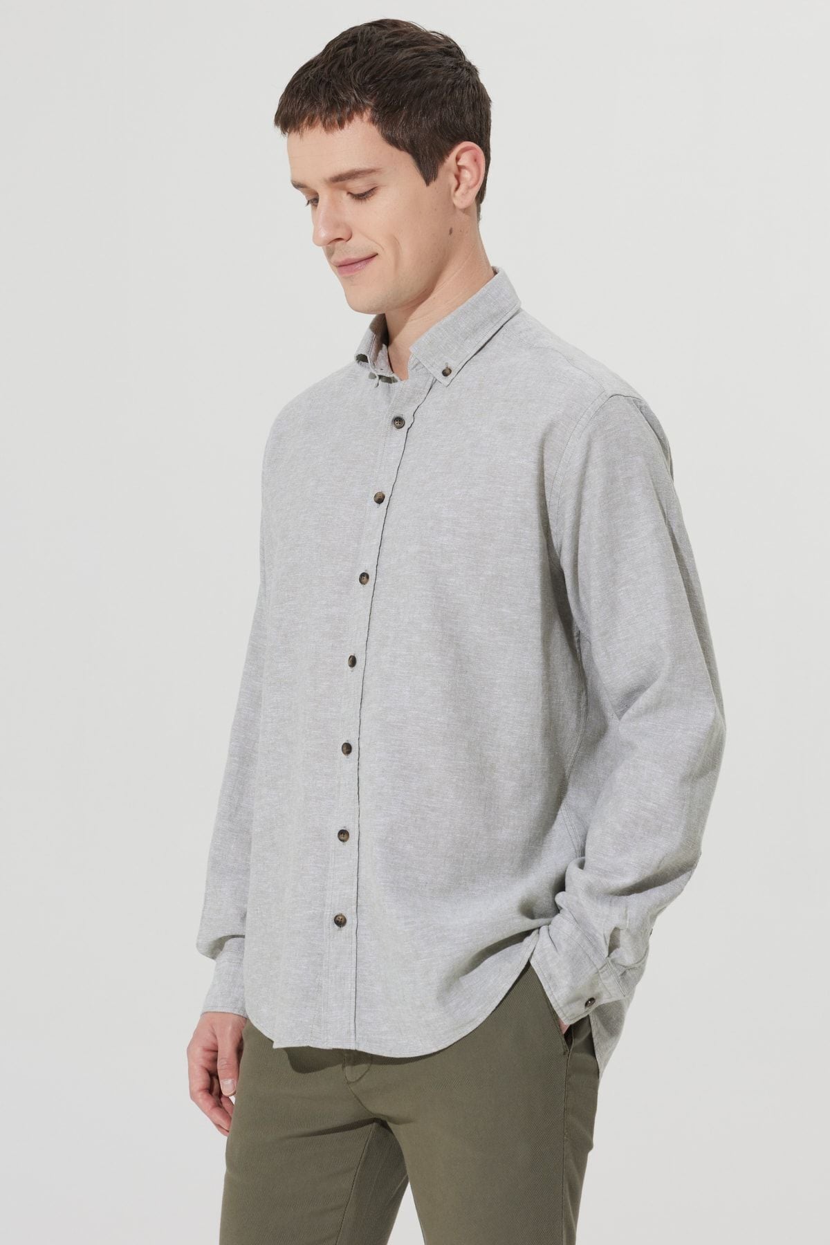 Men's Khaki Linen Comfort Fit Casual Cutting buttoned collar shirt