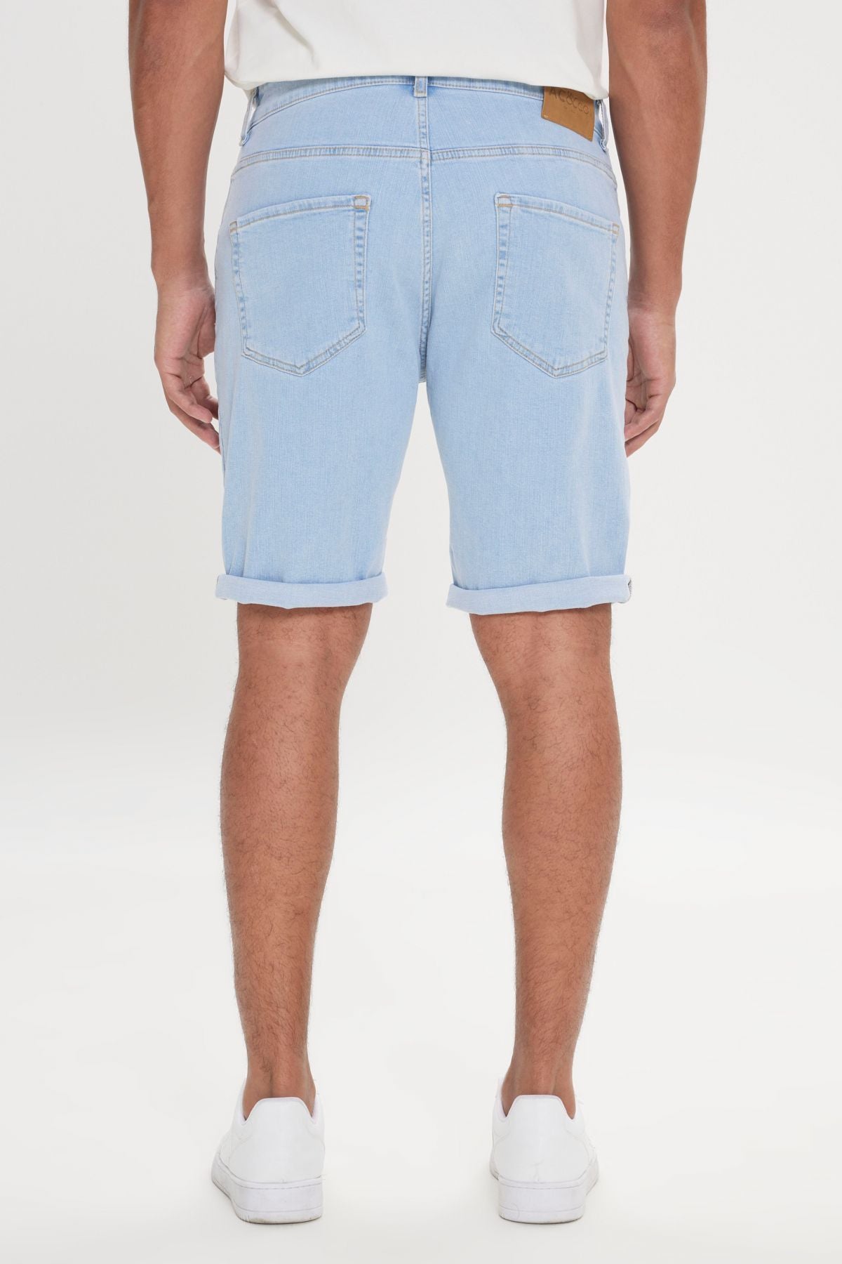 Men's light blue slim fit narrow cut cotton flexible denim shorts