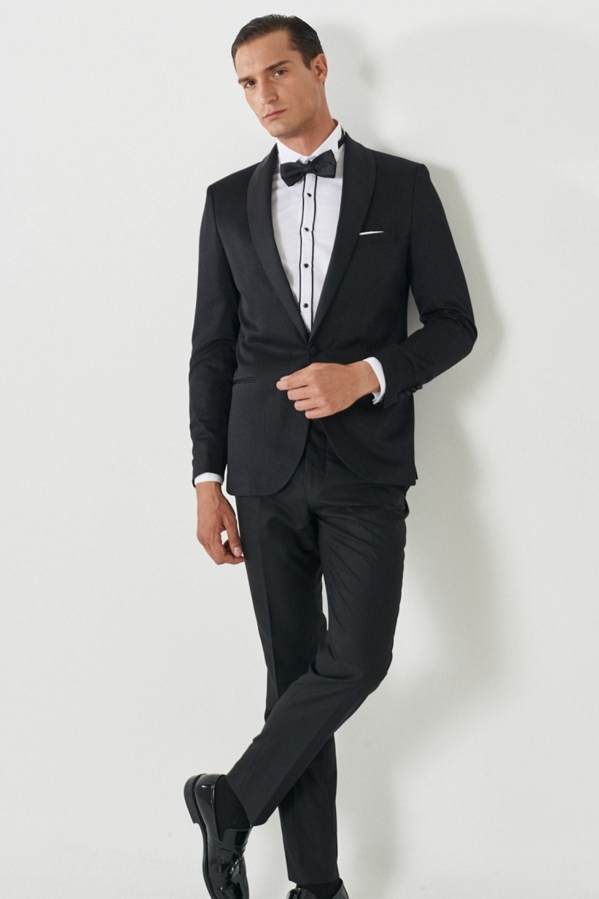 Men's black slim fit narrow cutting mono collar pattern classic tuxedo set