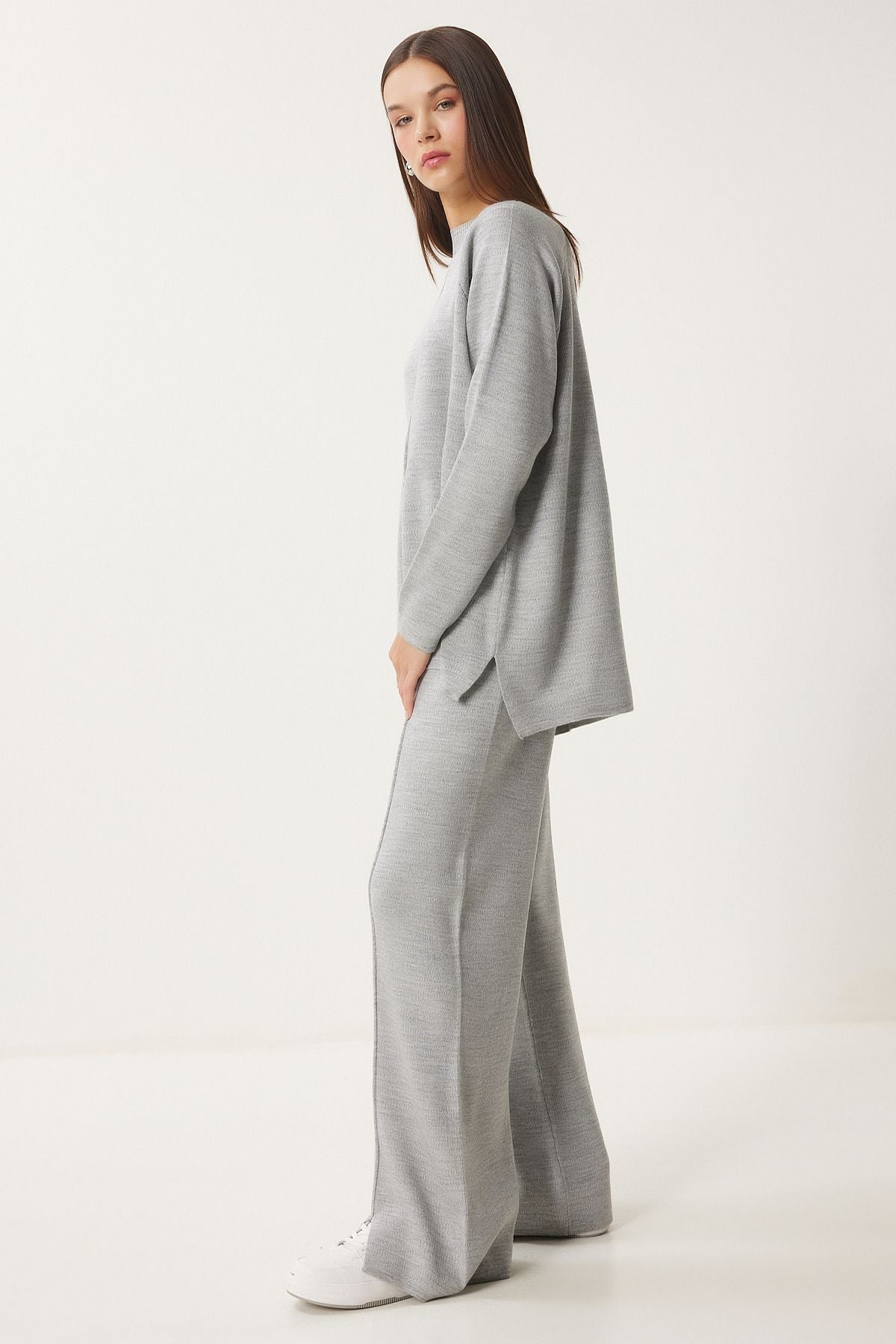 Woman Light Gray Stylish Knitwear Cossack Pants Set Mu00012