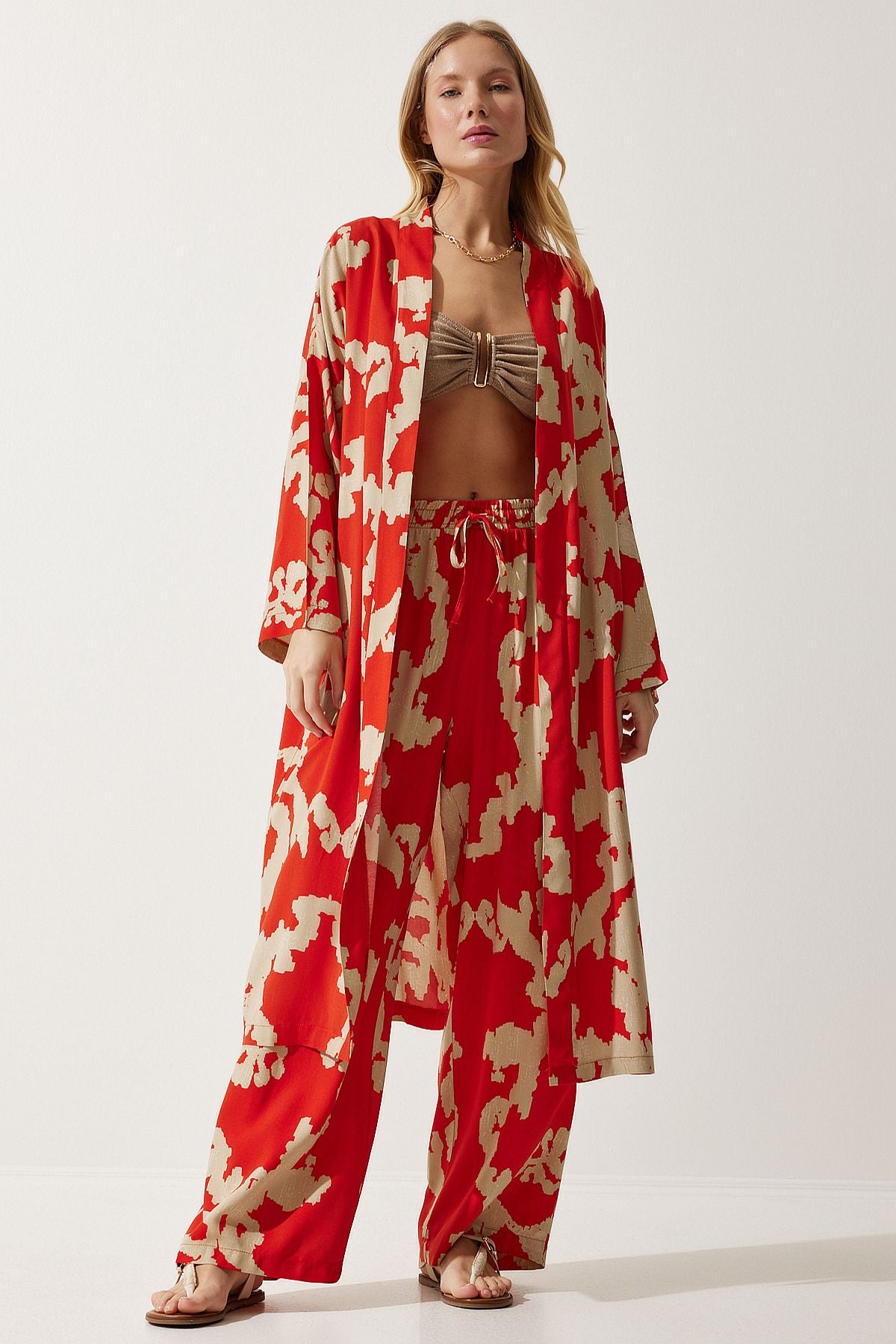 Female Oranj Beige Patterned Viscose Kimono Palazzo Pants Set CI00086