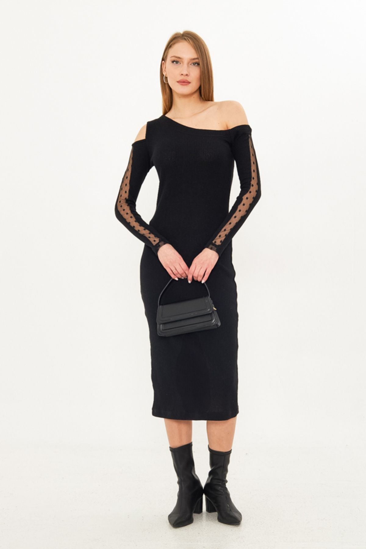 Female black asymmetrical collar arm tulle slits with midi size dress ARM-25K001081