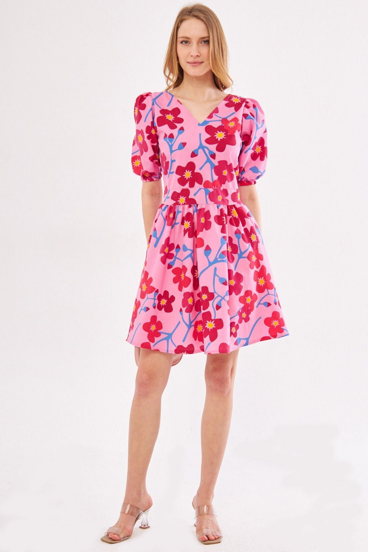 Woman Pink Front rear V Yaka Balloon Sleeve Belt Detailed Patterned Mini Dress ARM-24Y001016