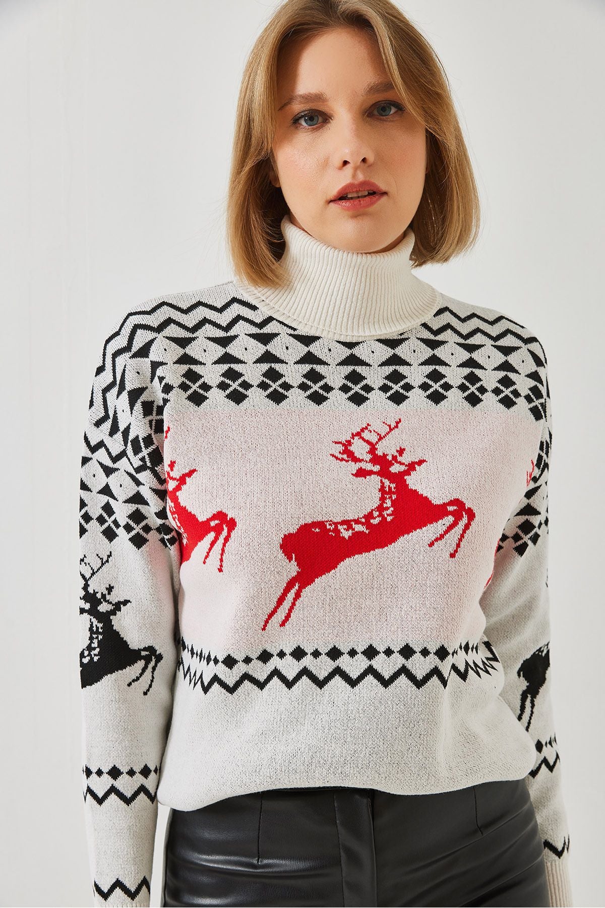 Female Fisherman Neck Deer Patterned Knitwear Kazakh 20246224