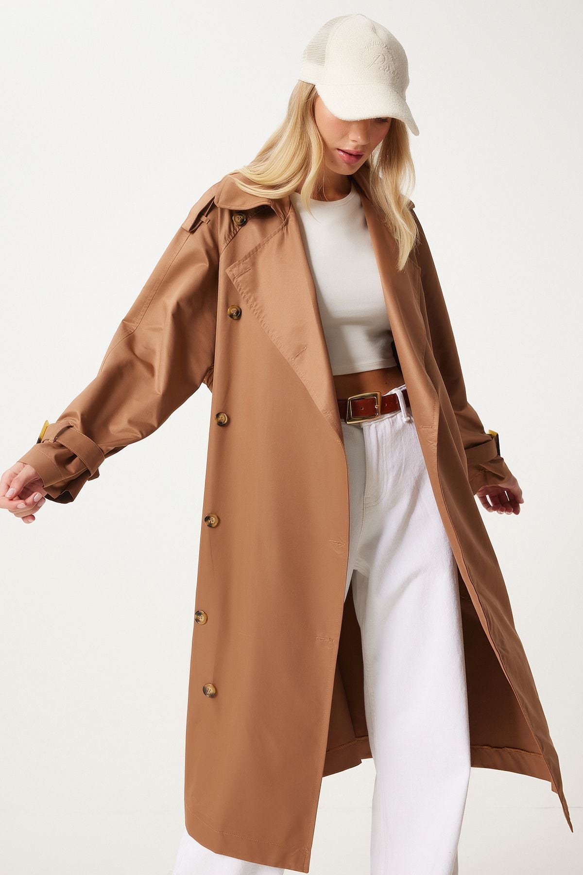 Female brown buckle arched seasonal trench coat FN03292