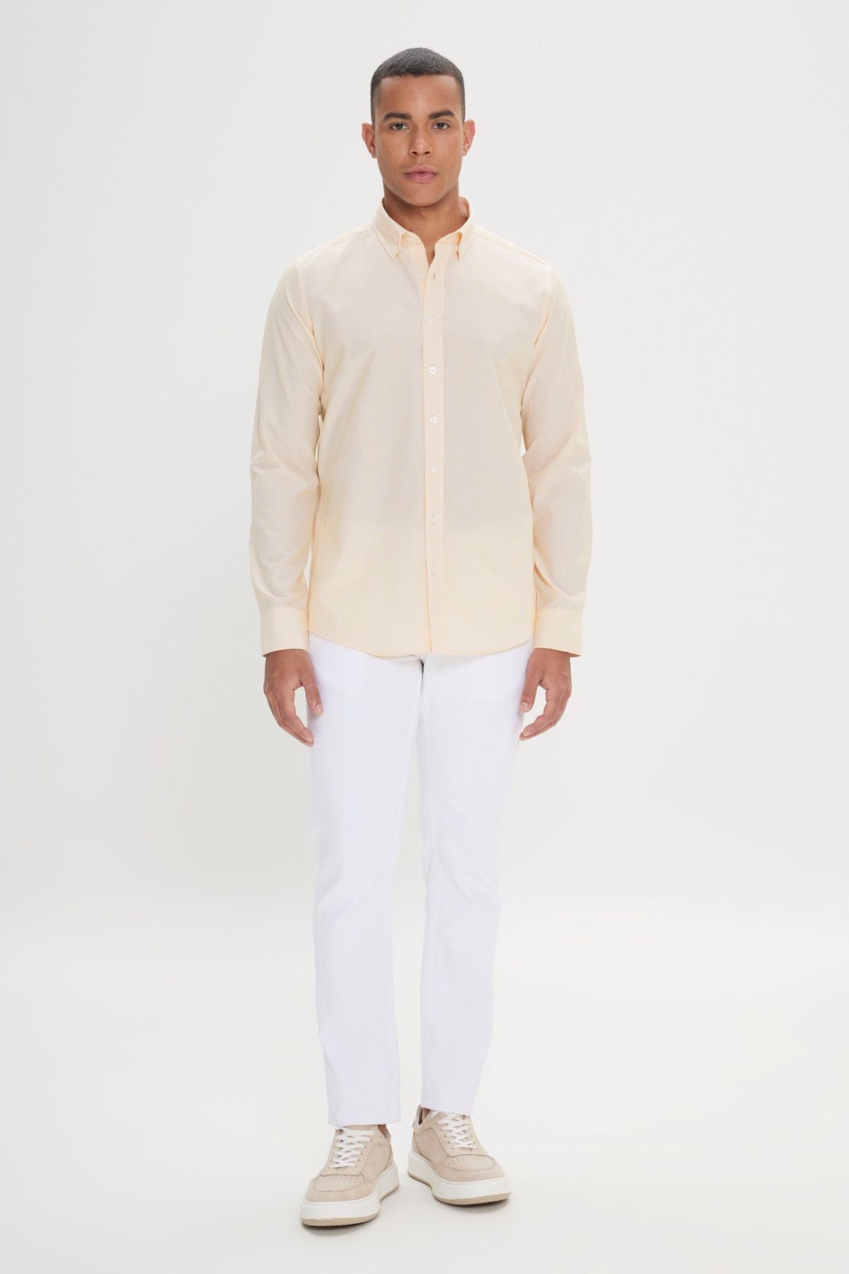 Men's white-yellow slim fit narrow cut hidden buttoned collar cotton striped shirt