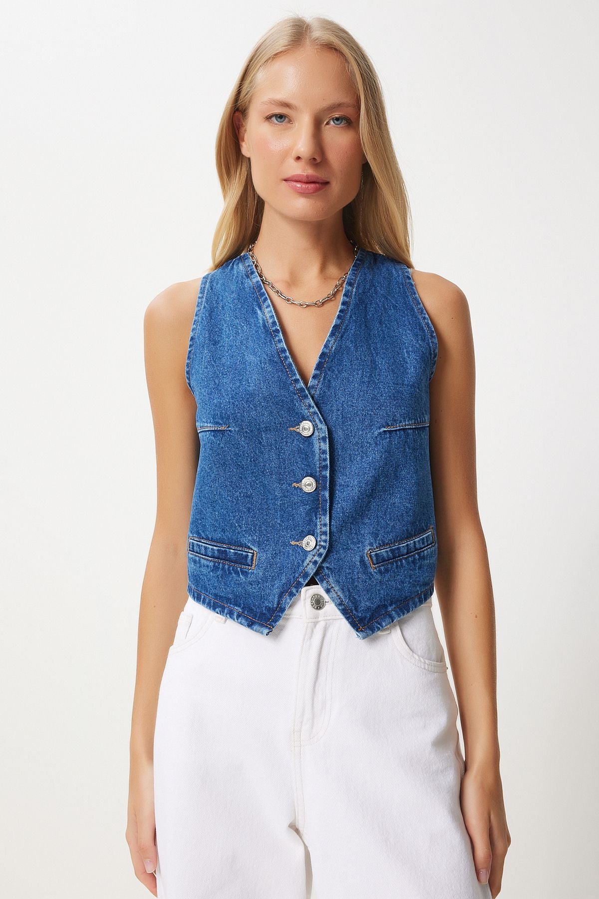 WOMEN BLUE V YAKA CROP DENİM VEST YL00002