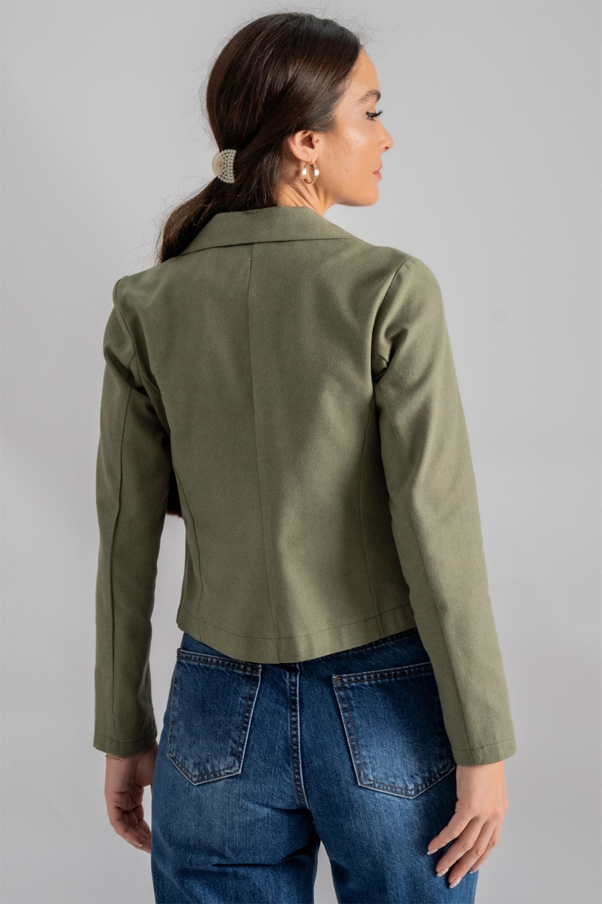 Woman Khaki Cruve Yaka Gabardin Crop Jacket ARM-24Y001010