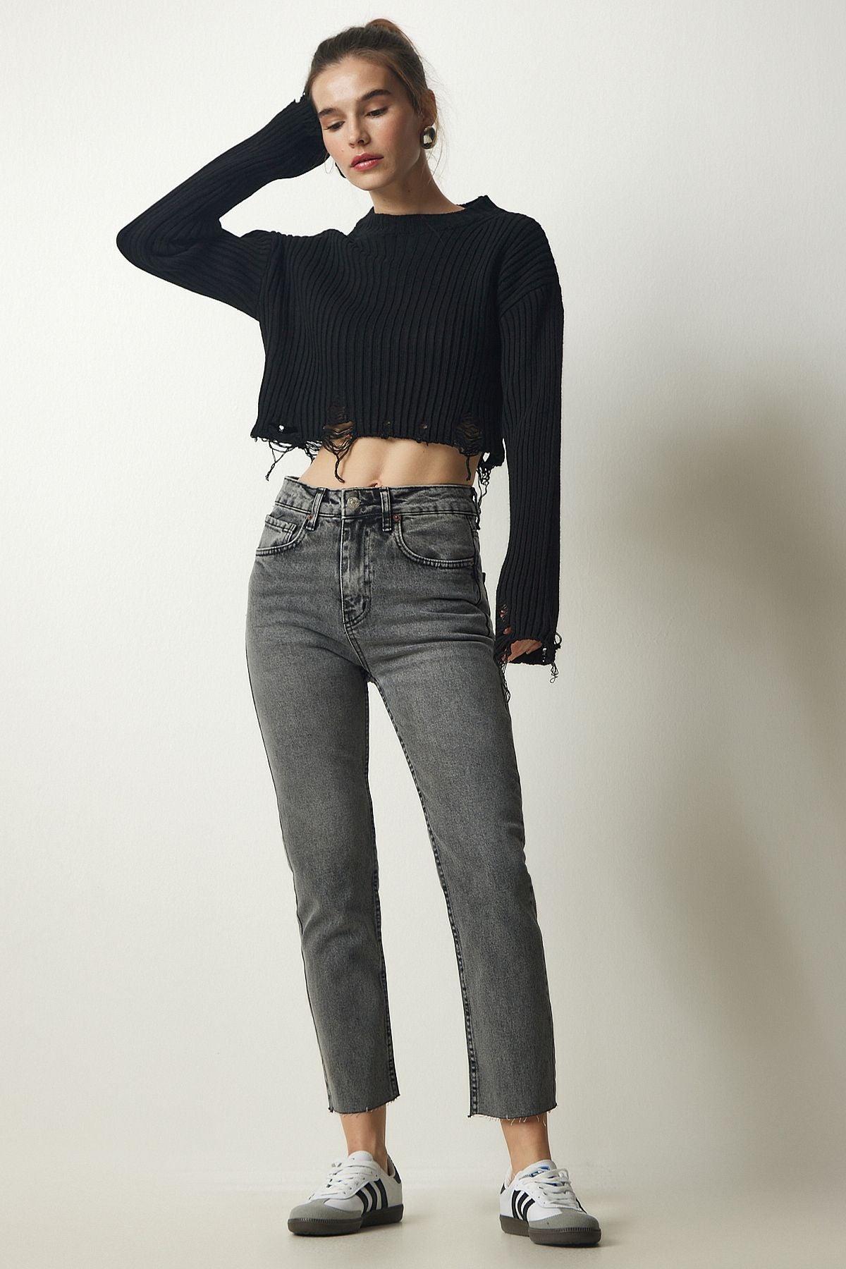 Women's gray high waist denim pants CB00015