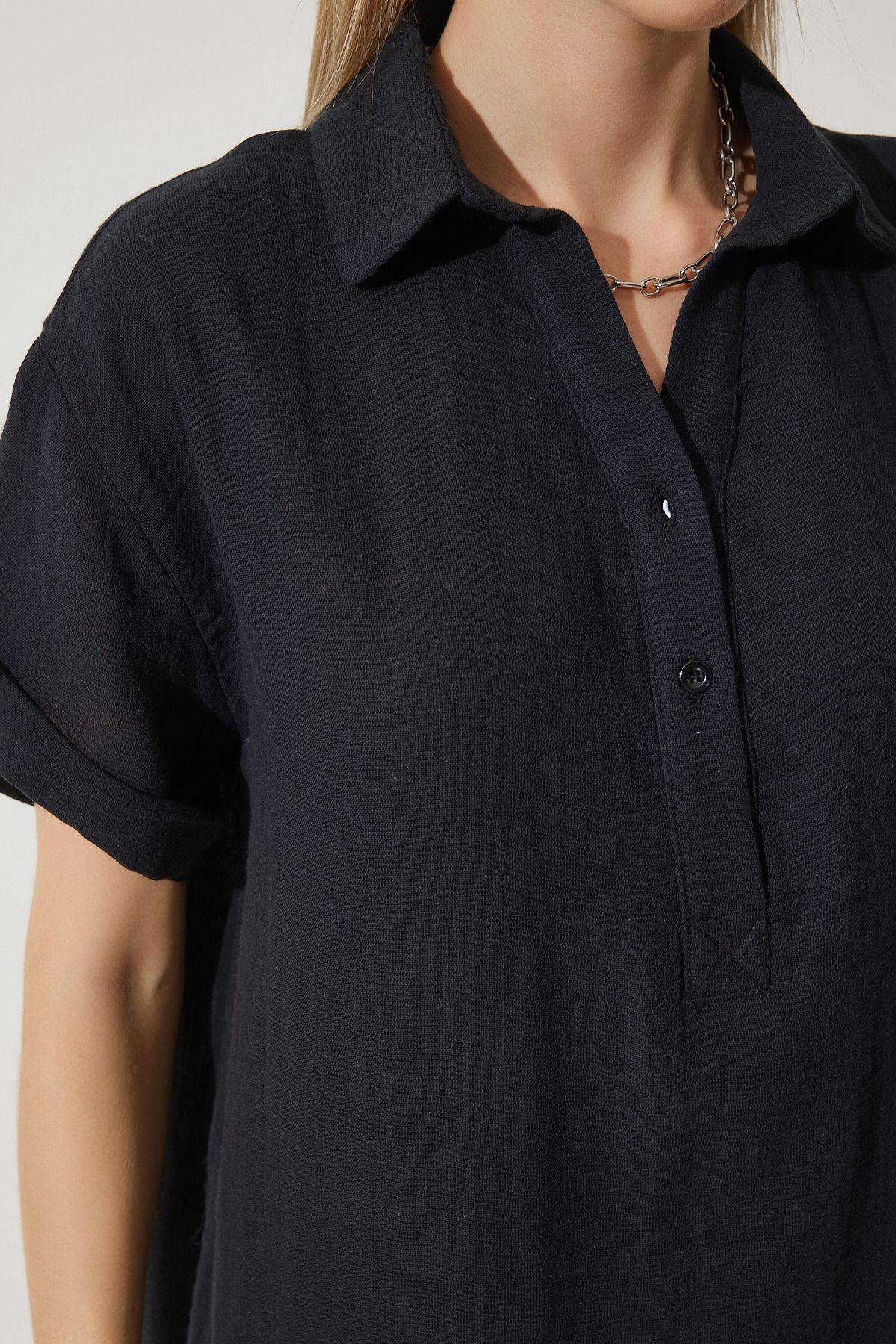 Woman Black Polo Yaka Summer Plenty Muslin Dress to00135