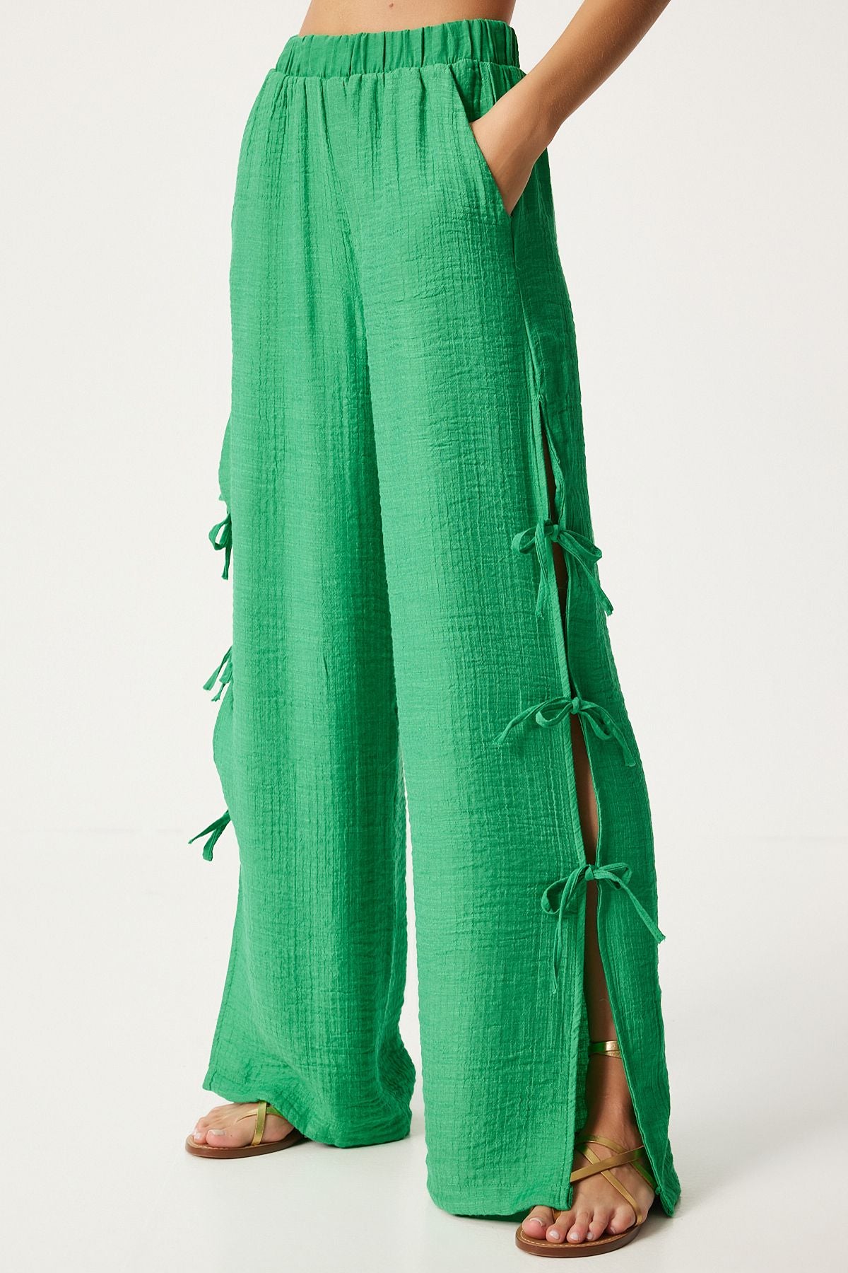 Female Green Bow Slit Flax Pants FN03298