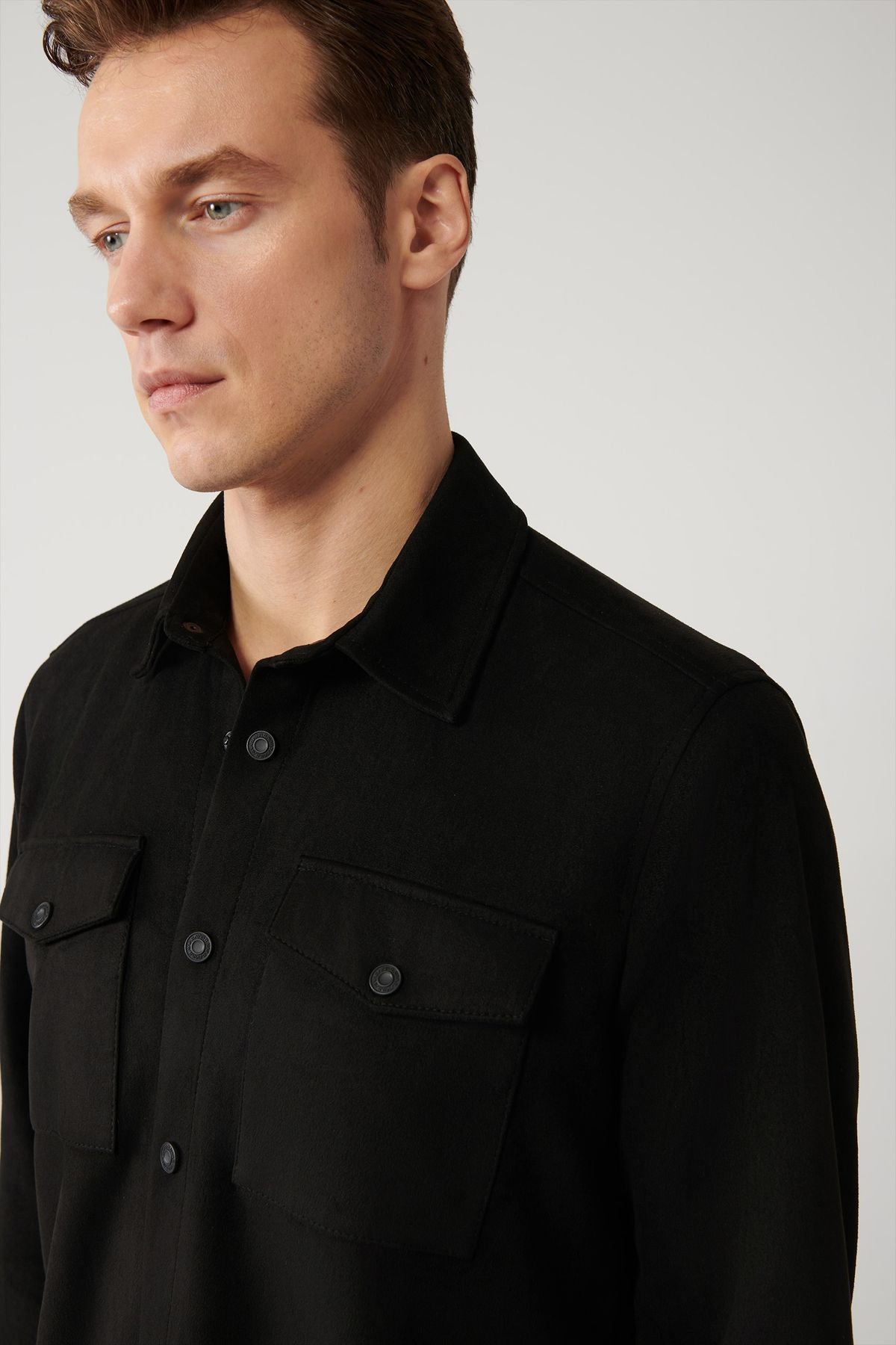 Men's black suede -looking front with a snap pocket Fine Mont shirt A41y6010