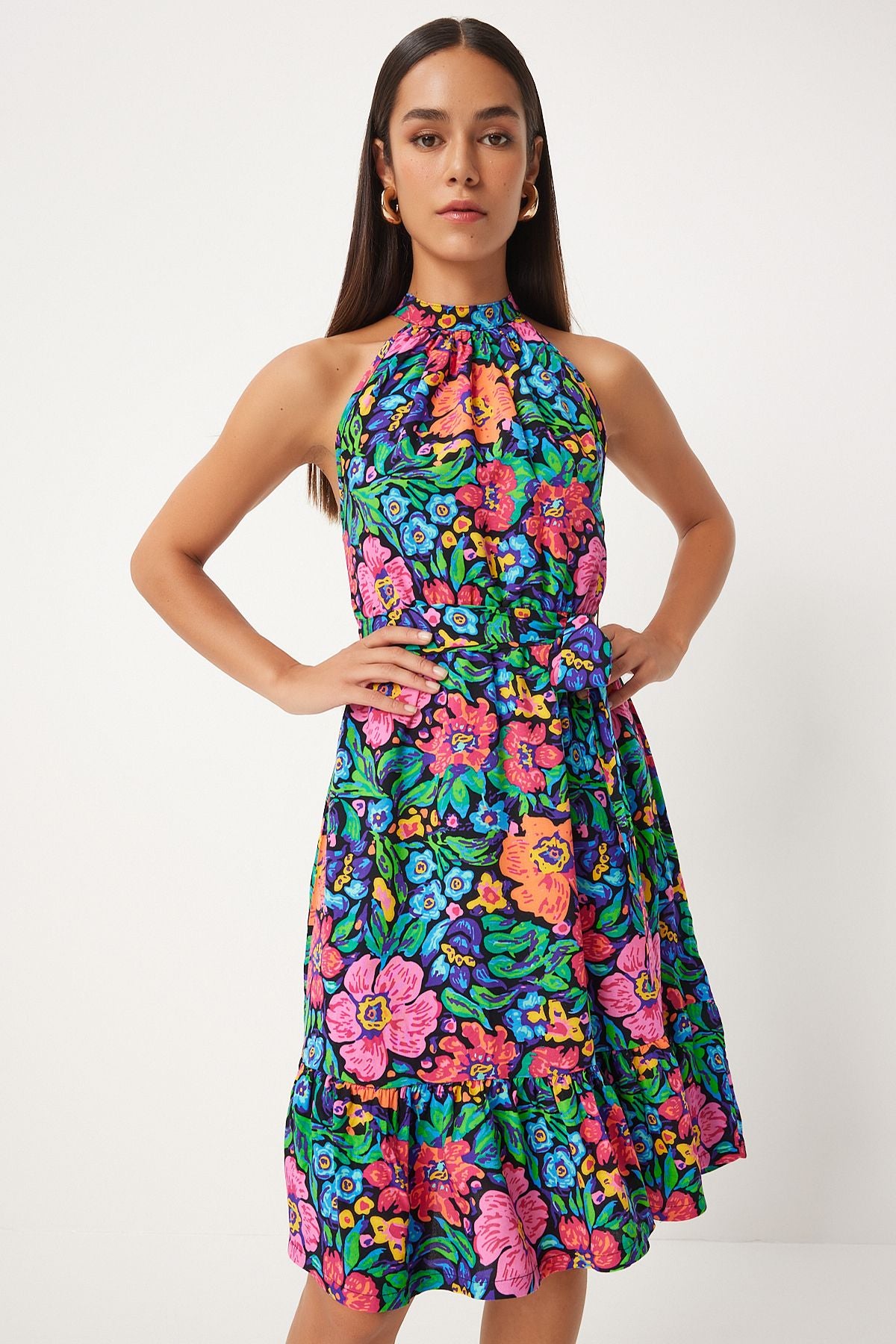 Woman Pink Blue Belt Flower Patterned Midi Dress AN00204