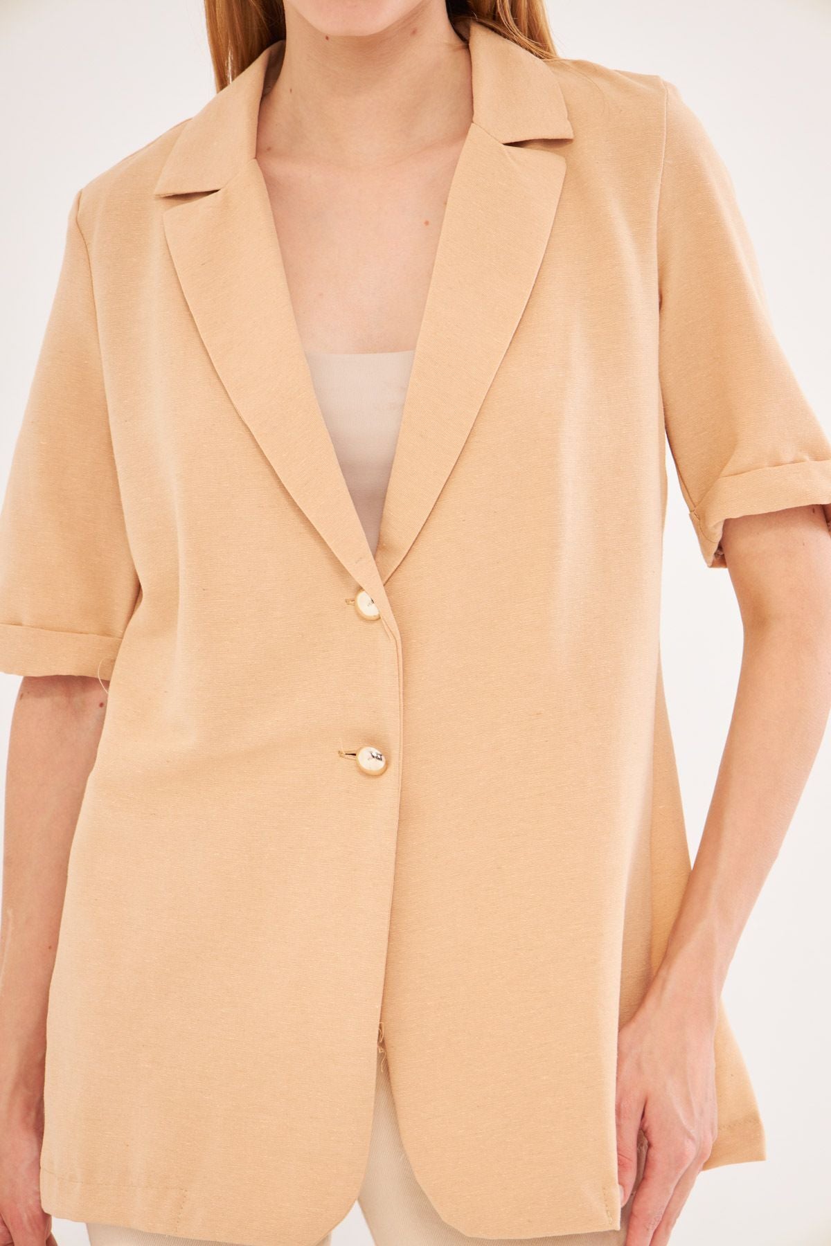 Female Beige Short Arm two buttoned oversize jacket ARM-24Y001086