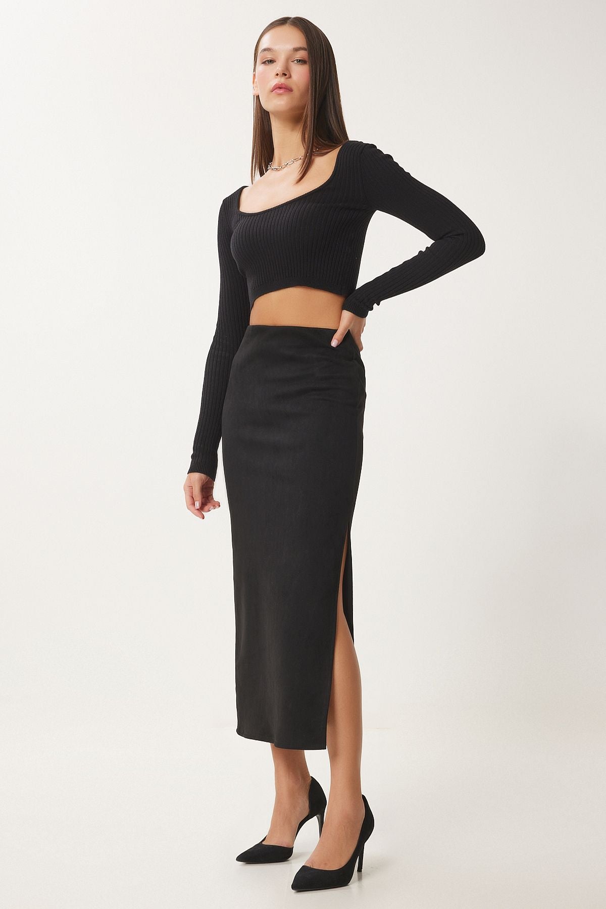 Women's black slit long suede skirt MC00292