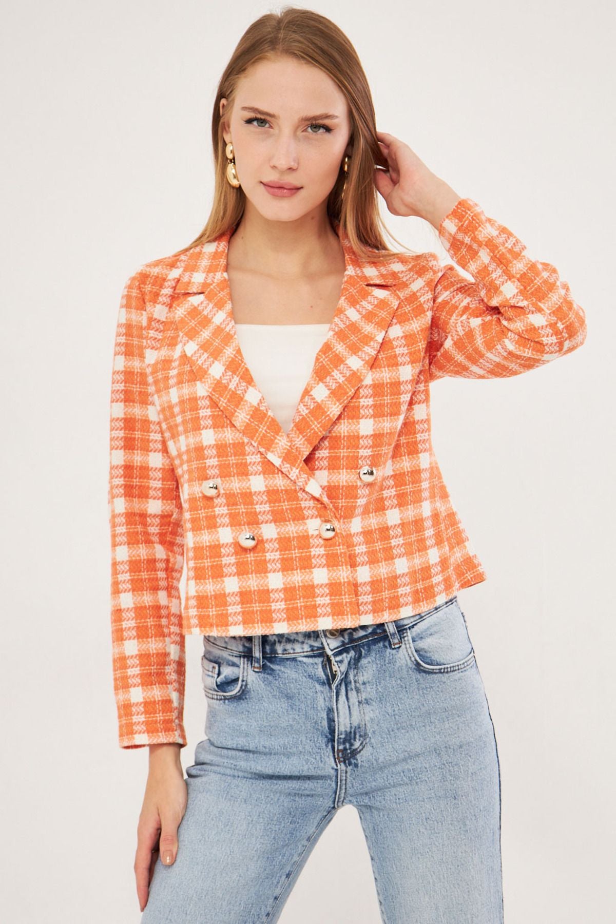 WOMEN WHITE-ORUNCU CRABLE YAKA TÜVİT CROP JACKET ARM-24K001014