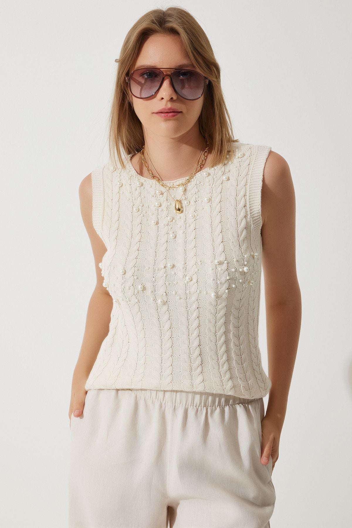 Women's Cream Glass textured summer knitwear sweater BV00118