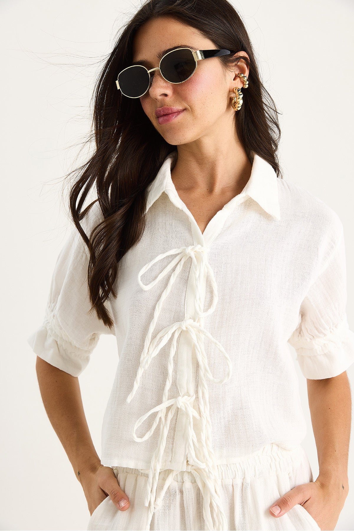 Women's Tie Detailed Sleeves Gathered Muslin Crop Shirt 2111 60283446