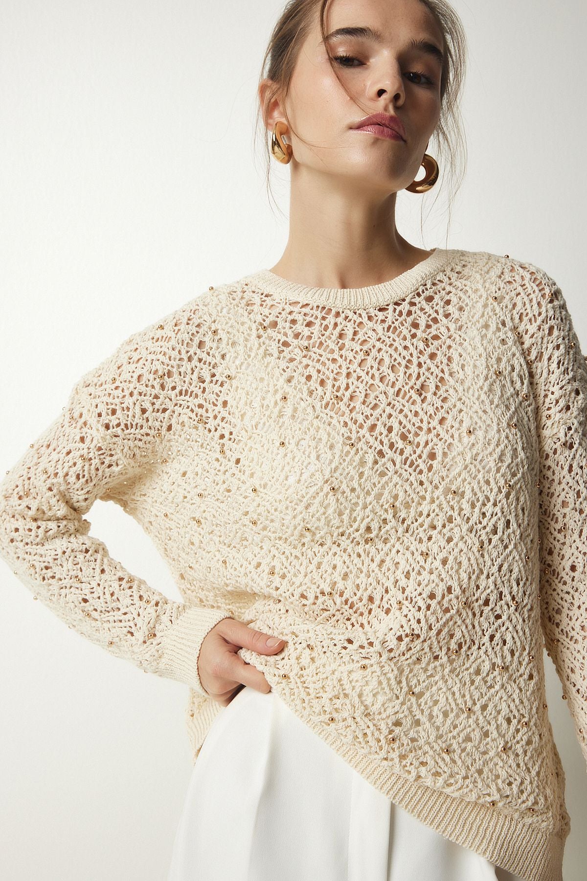 Women's Cream Stylish Pearl Detailed Offer Knitwear Sweater PF00025