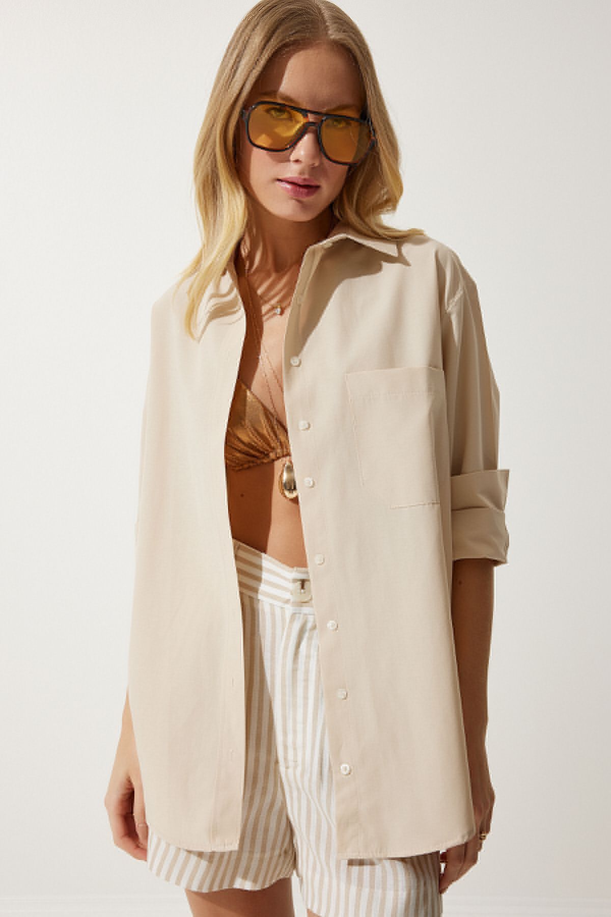 Female Latte Single Pocket Boyfriend Poplin Shirt CY00014