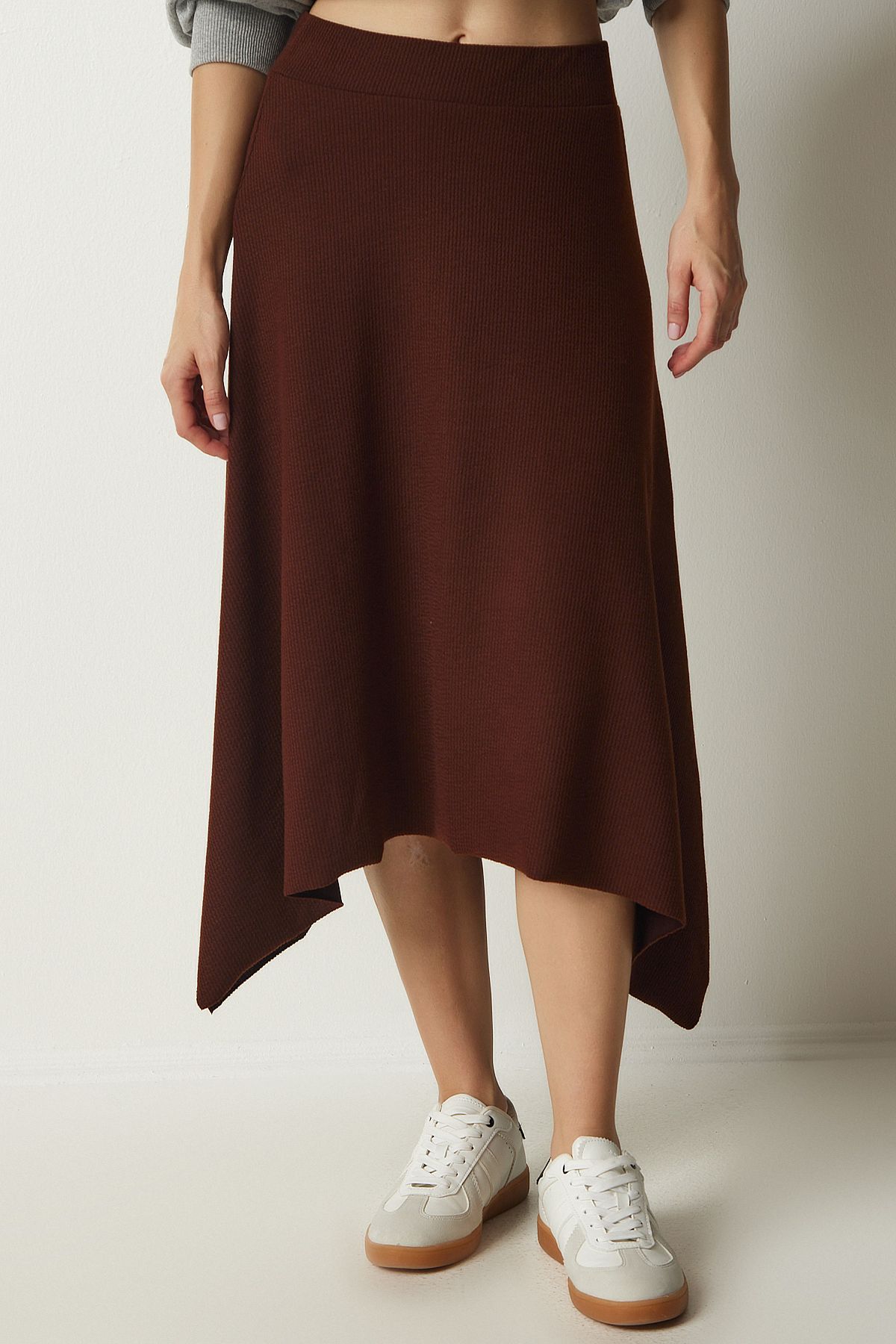 Female brown asymmetrical cut wick knitted skirt MC00227