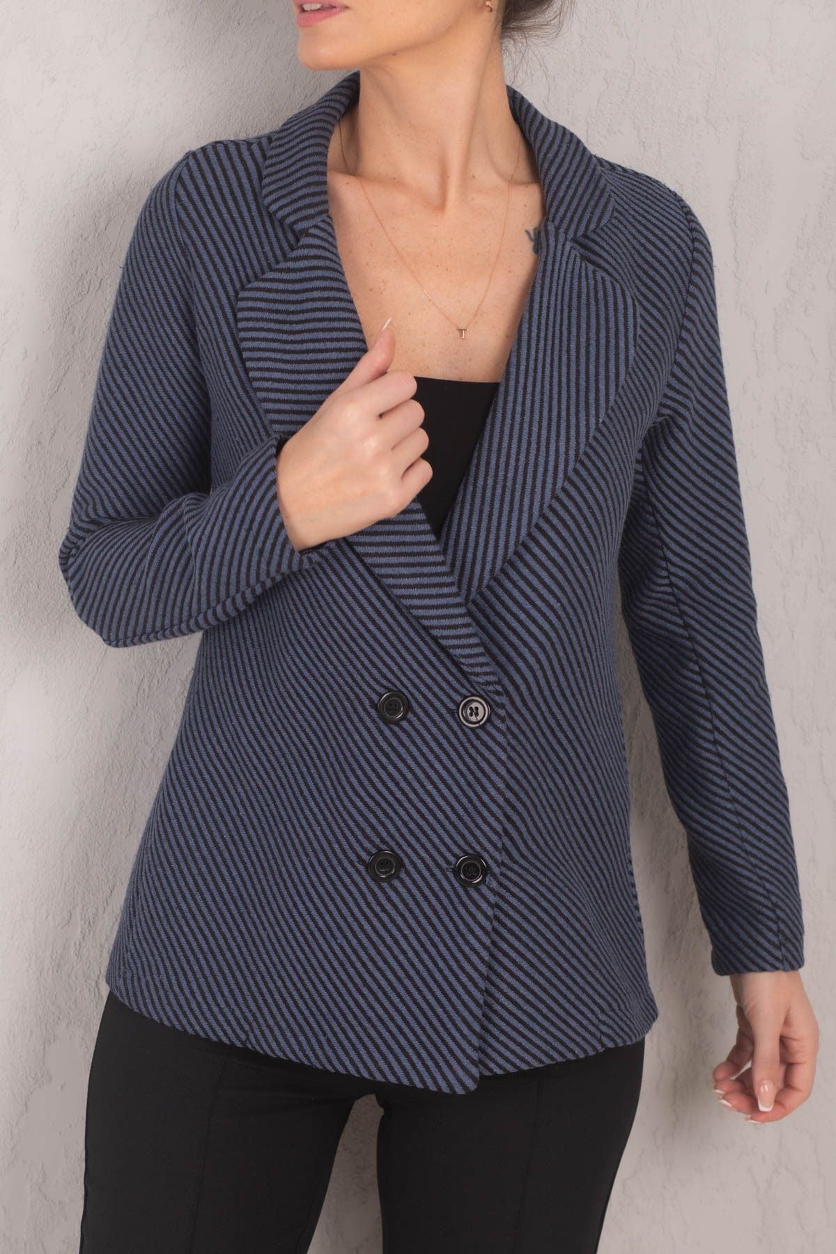 Woman Dark Blue Line Patterned Four button stamp jacket ARM-24K001037