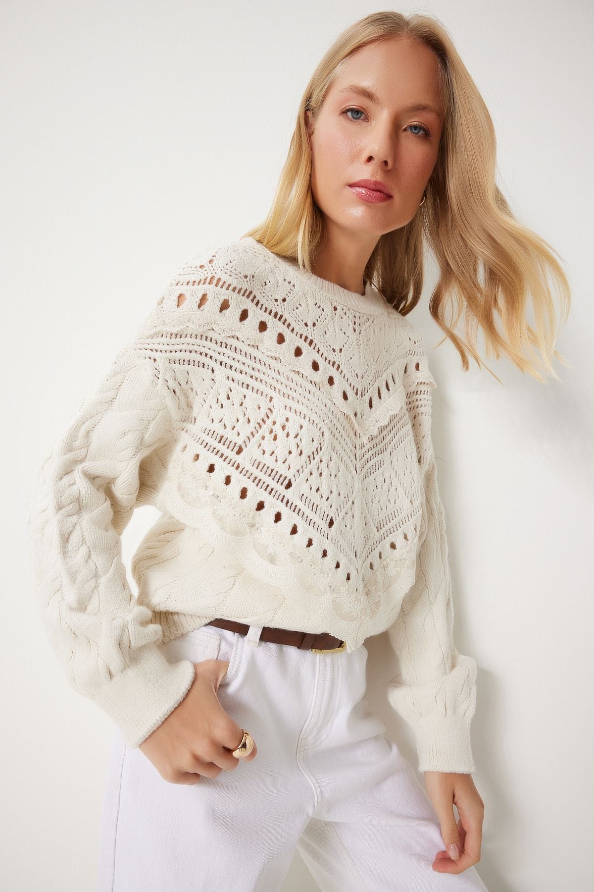 Women's Cream Lace Detail Offer Knitwear Kazakh KL00005