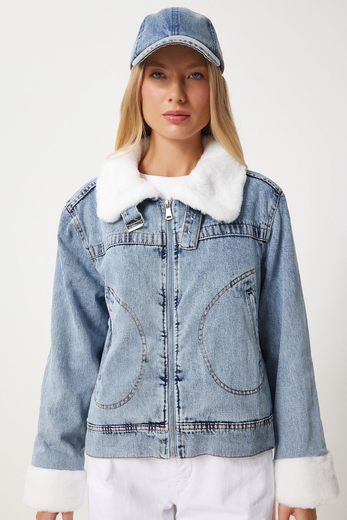 Women's Blue In -Blue Artificial Furry Denim Jacket RV00201
