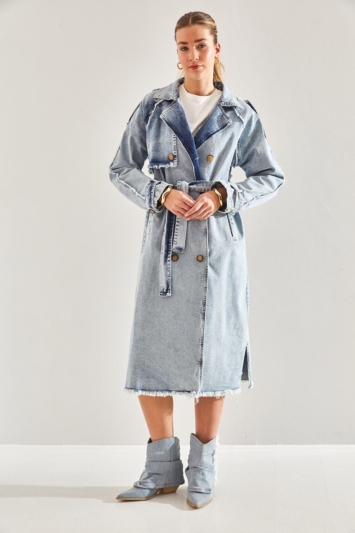 WOMEN'S APOLICED BEDED Jeans Trench Coat 60181038