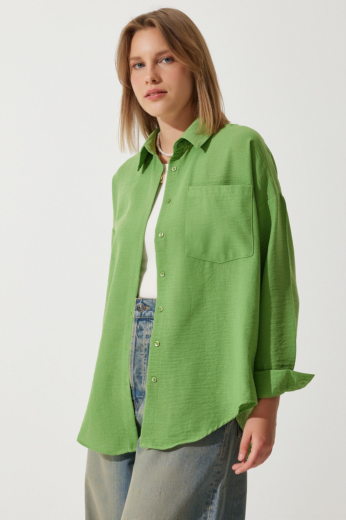 Woman Dark Cagla Green Oversize Linen Ayrrin Shirt DD01222