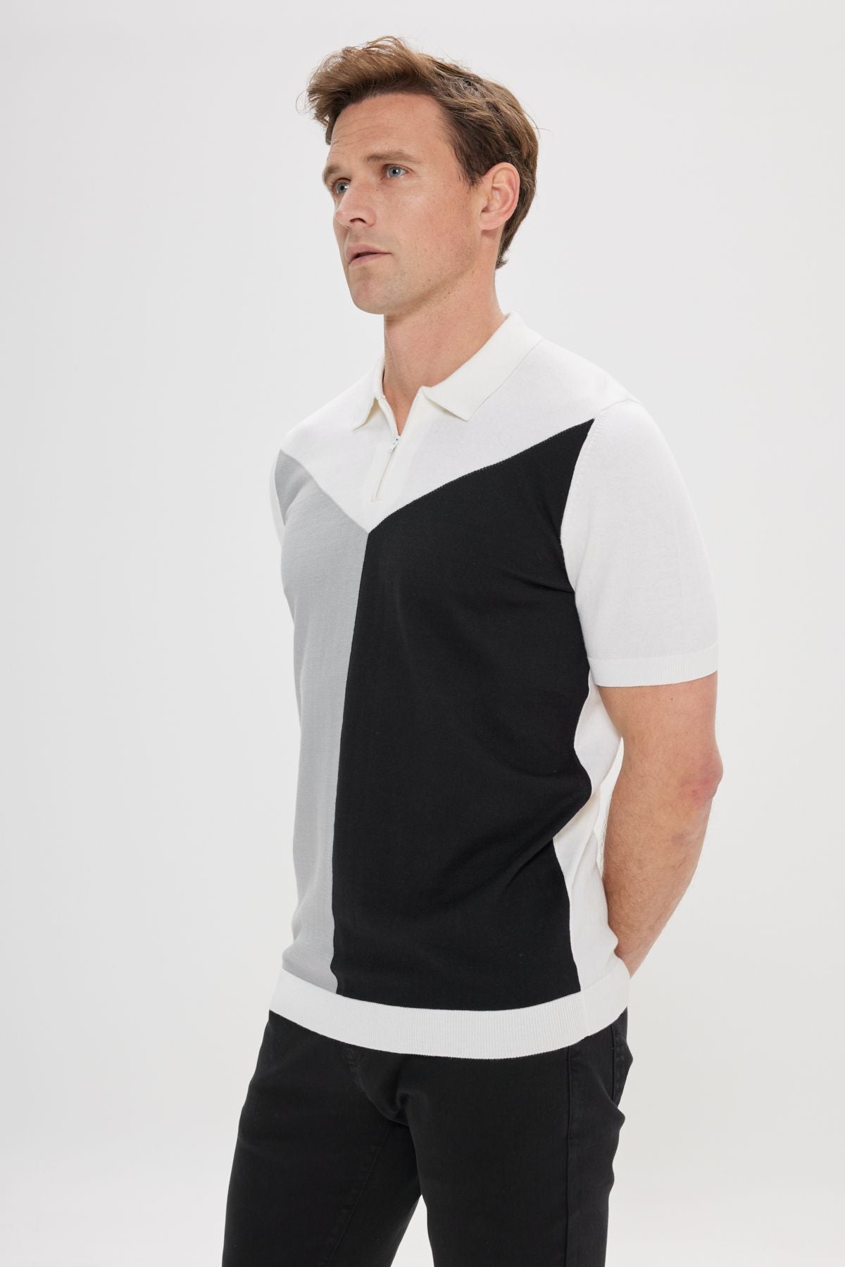 Men's ecru-gray standard fit normal cut 100 %cotton color block Polo Yaka knitwear T-shirt