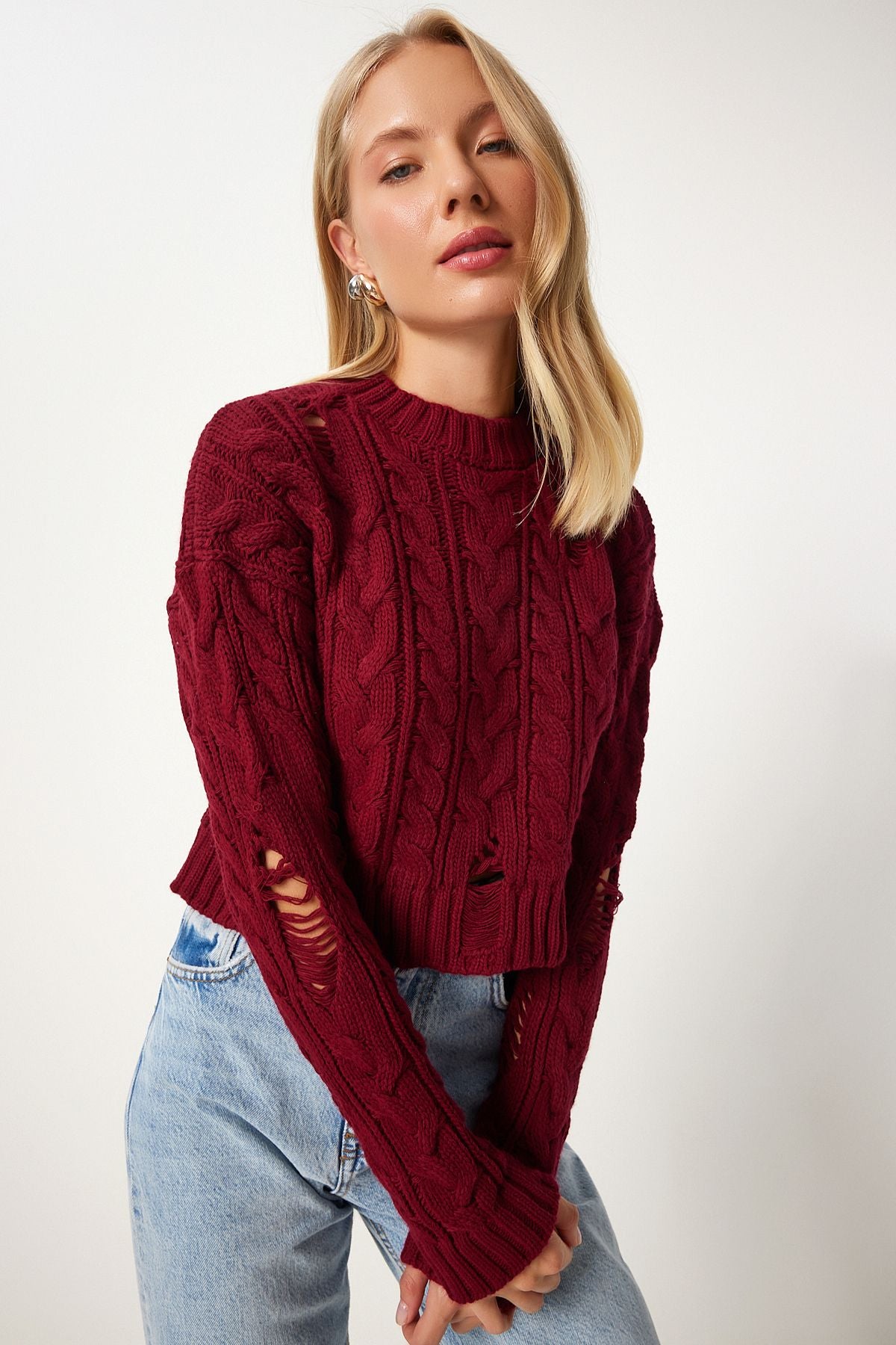 Female Bordeaux Ripped Detailed Braided Knitwear Sweater FN03339