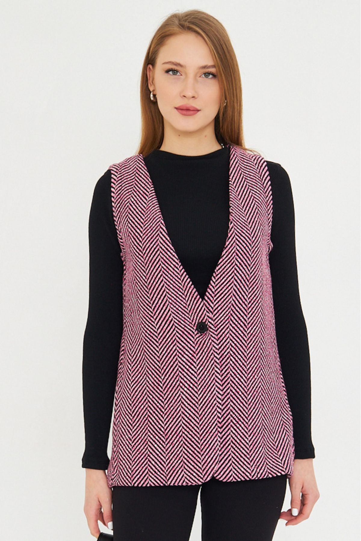 Woman Pink V-Neck Single Button Oversize Patterned Vest ARM-25K001110