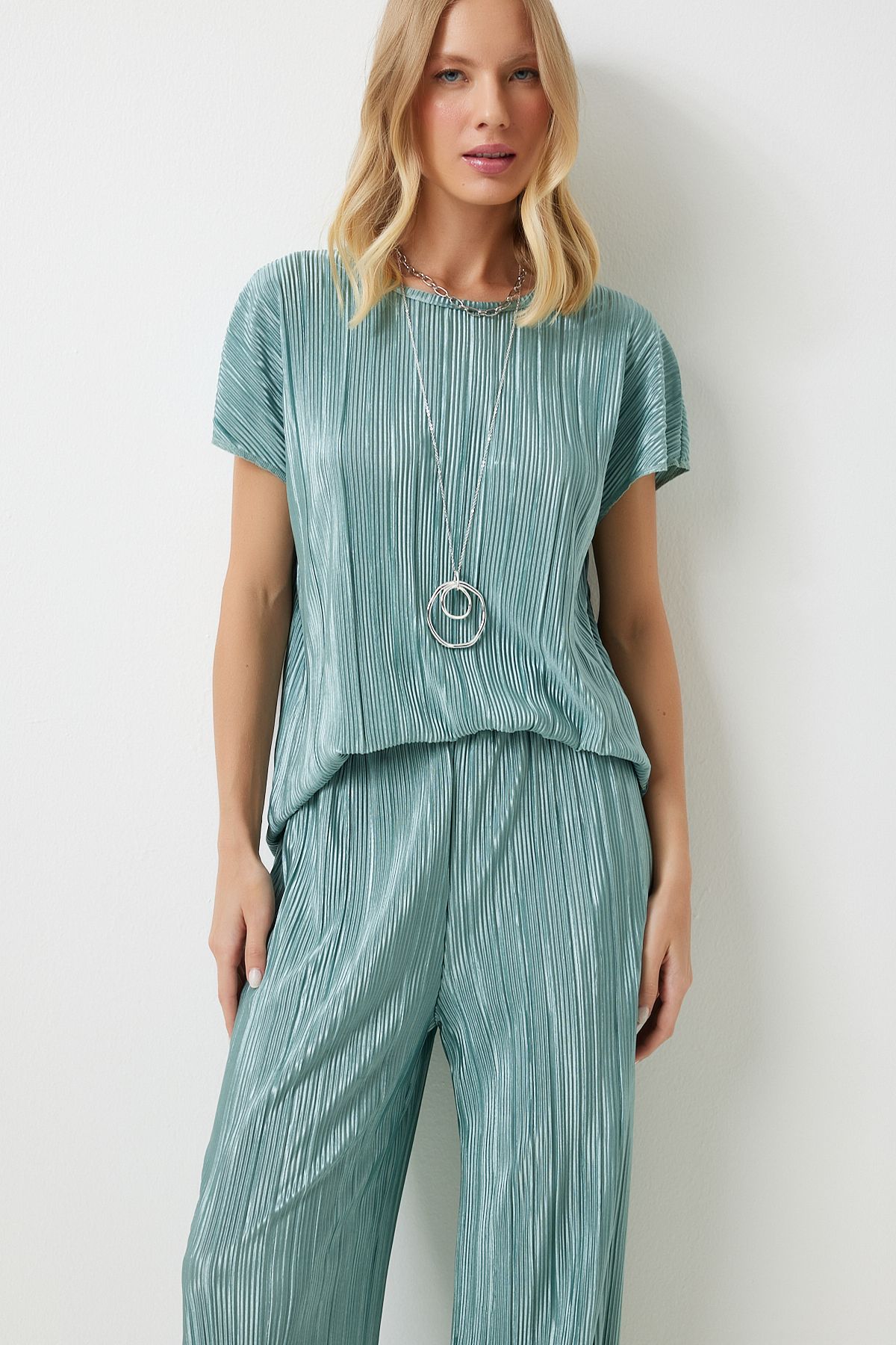 Female Water Green Pilisable Casual Blouse Pants Set Mc00283