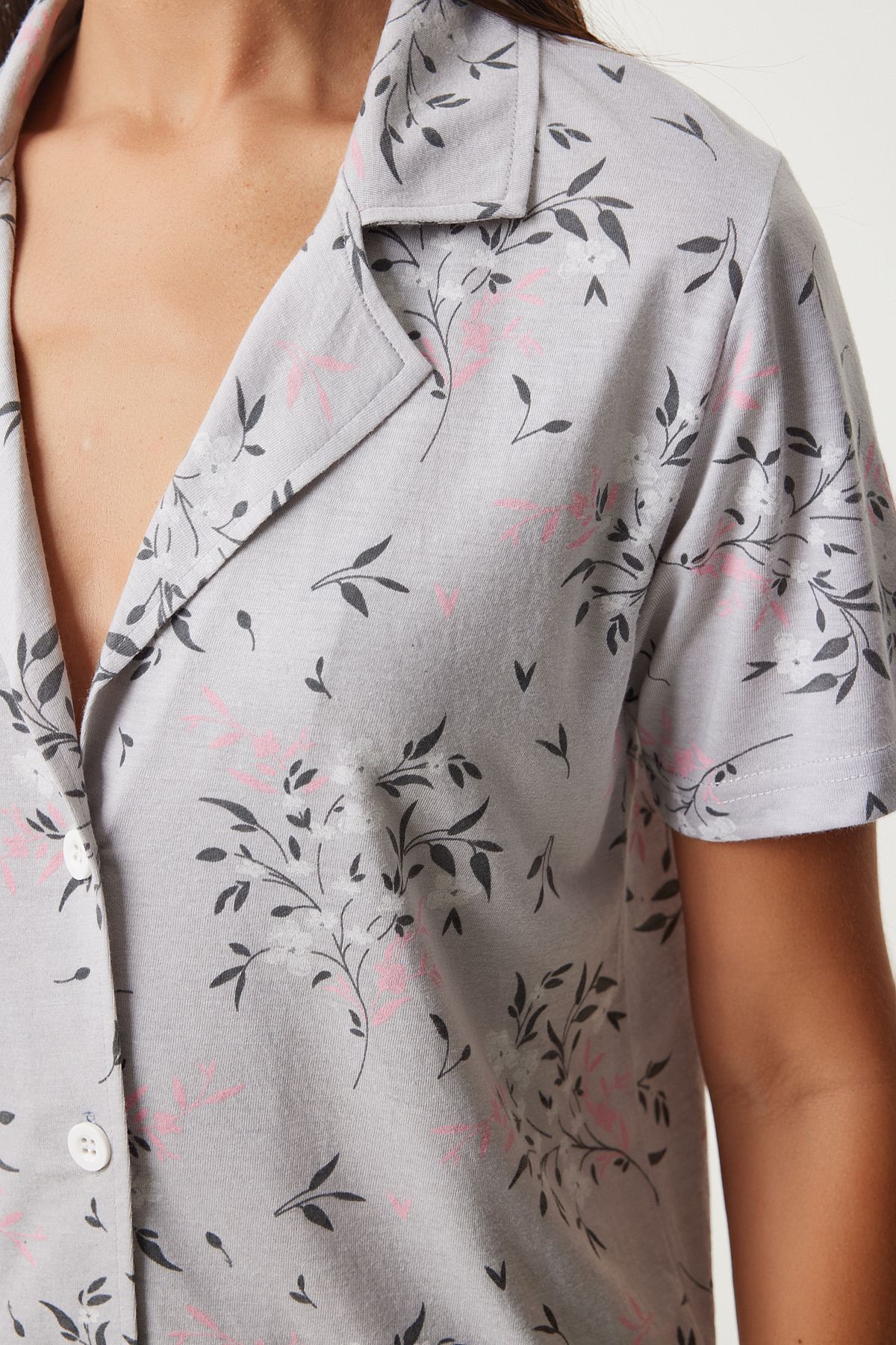 Female Gray Patterned Shirt Pants Pajama Set EC00043